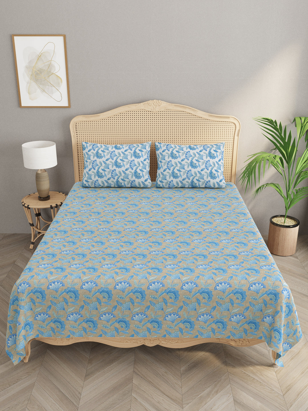 Floral Print Super King Cotton Bedsheet with 2 Pillow Covers