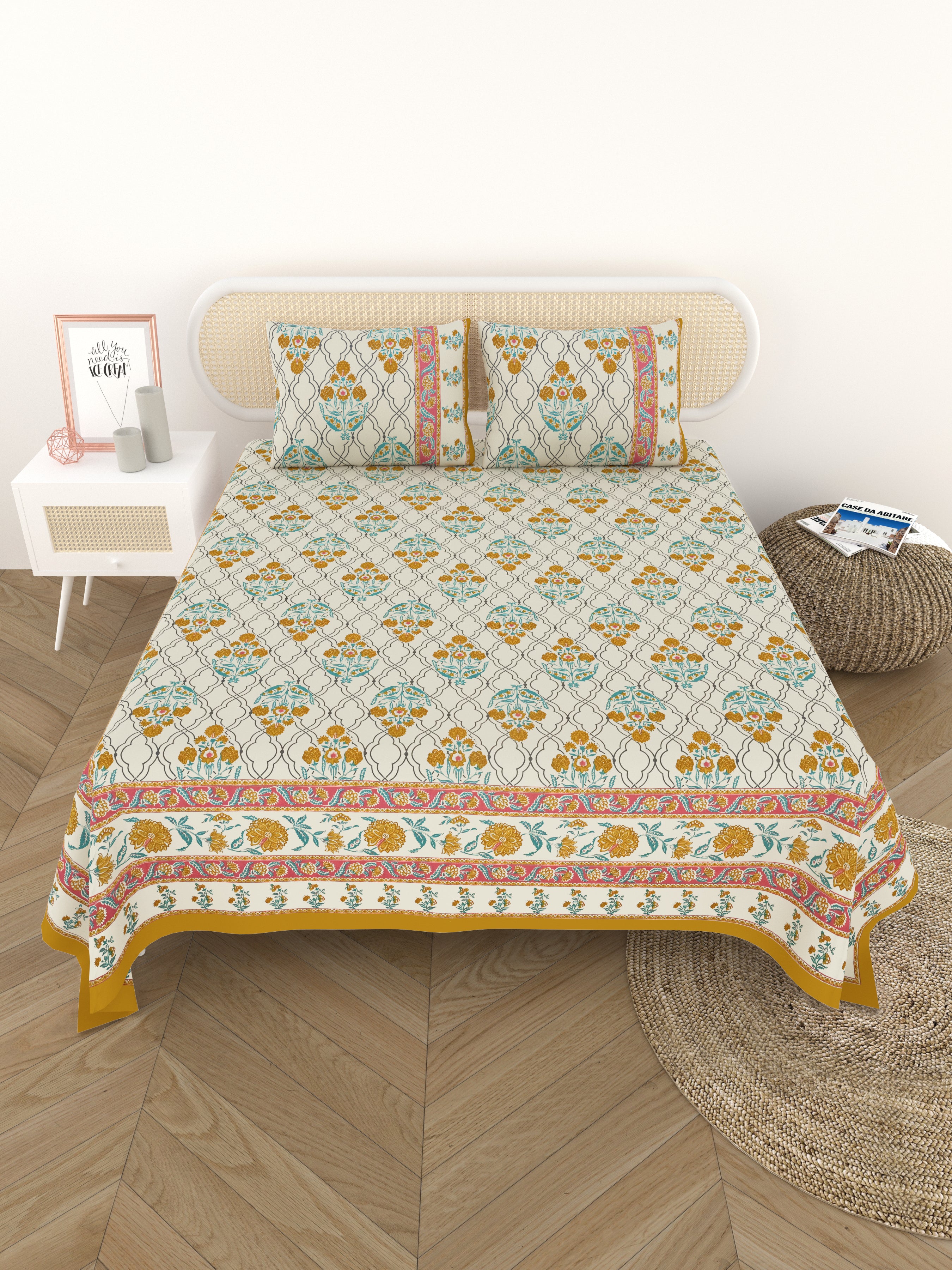 Cotton Printed Bedsheet with 2 Pillow Covers - (108 x 108 Inch)