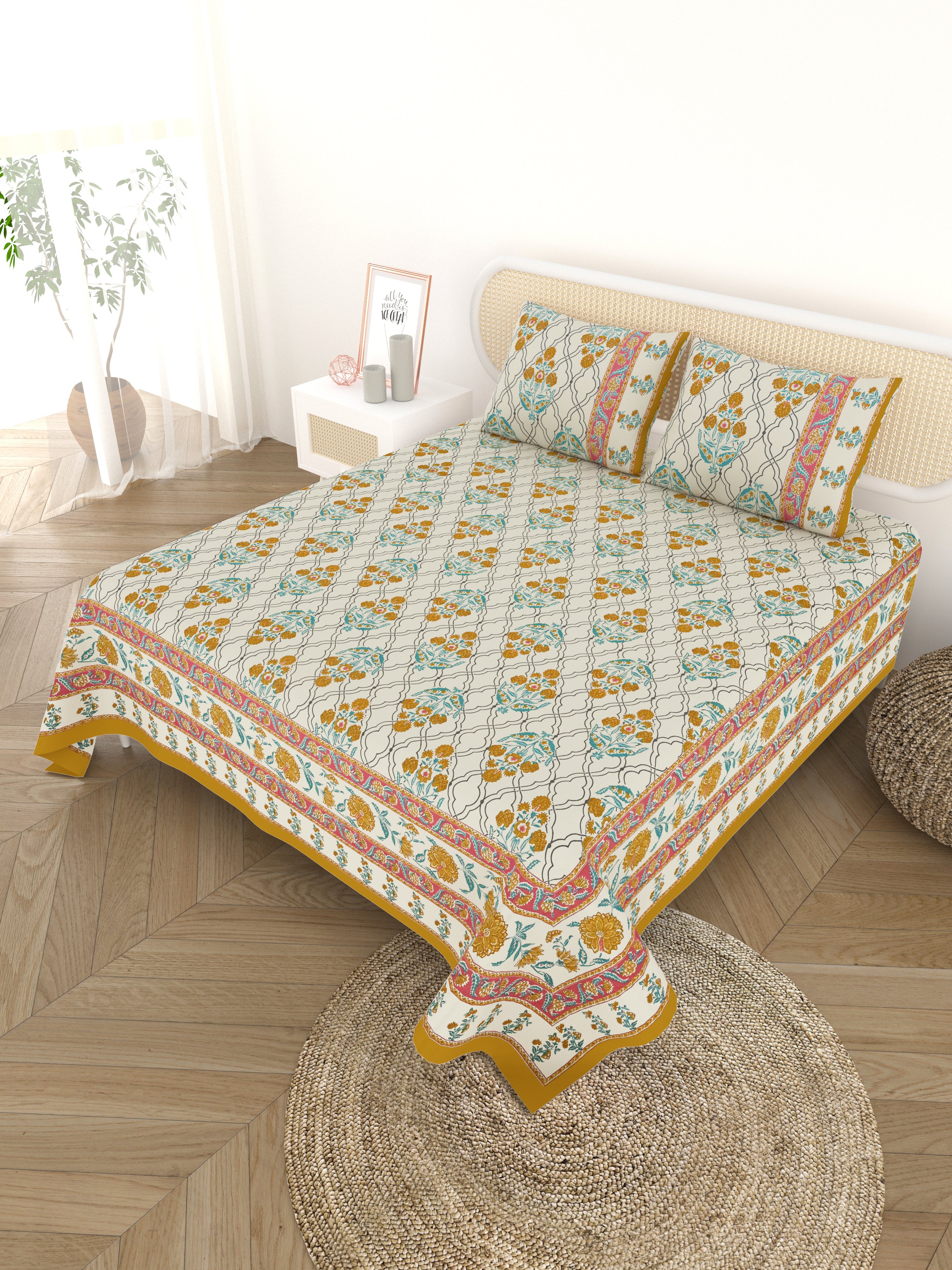 Cotton Printed Bedsheet with 2 Pillow Covers - (108 x 108 Inch)