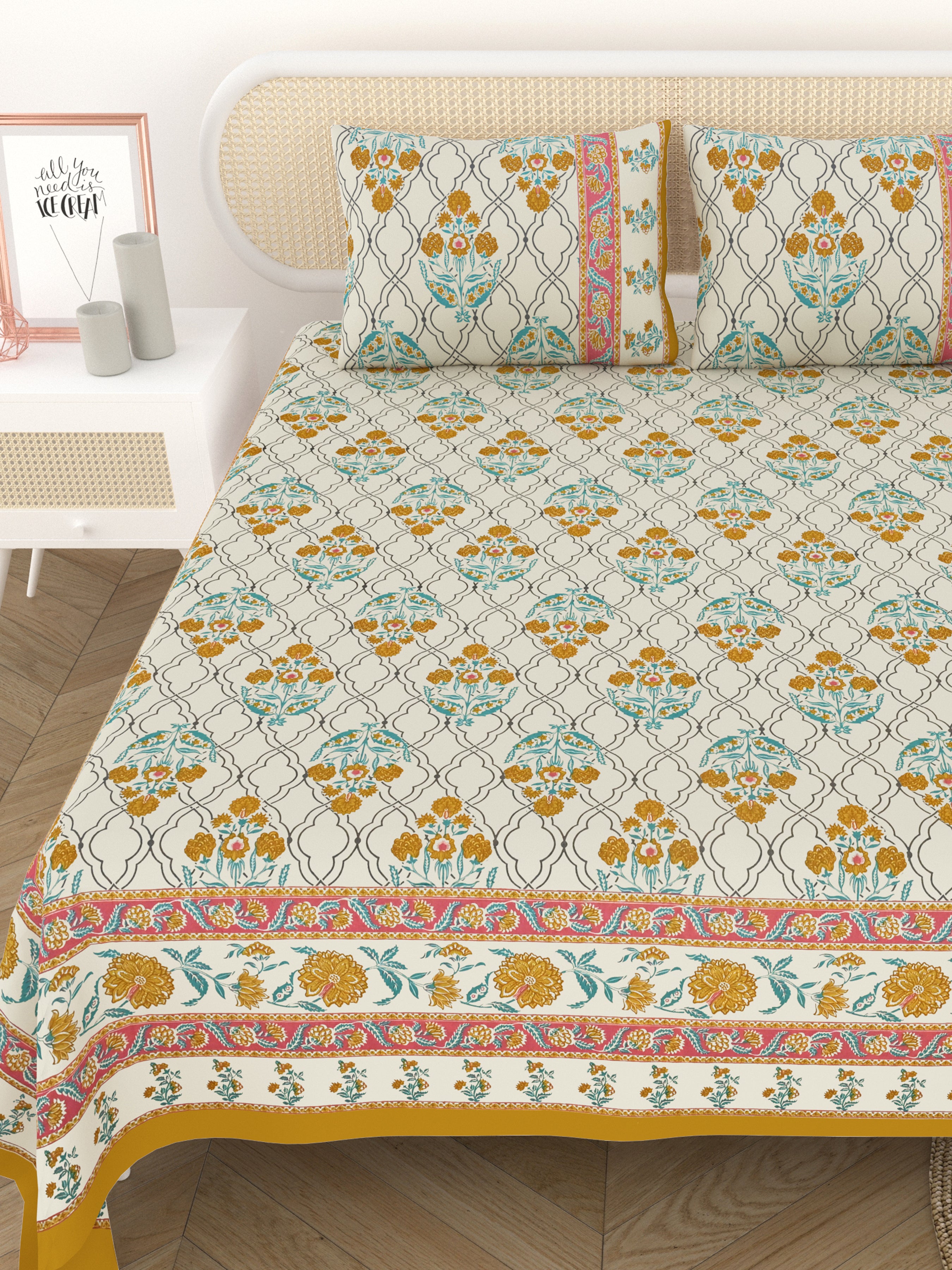 Cotton Printed Bedsheet with 2 Pillow Covers - (108 x 108 Inch)
