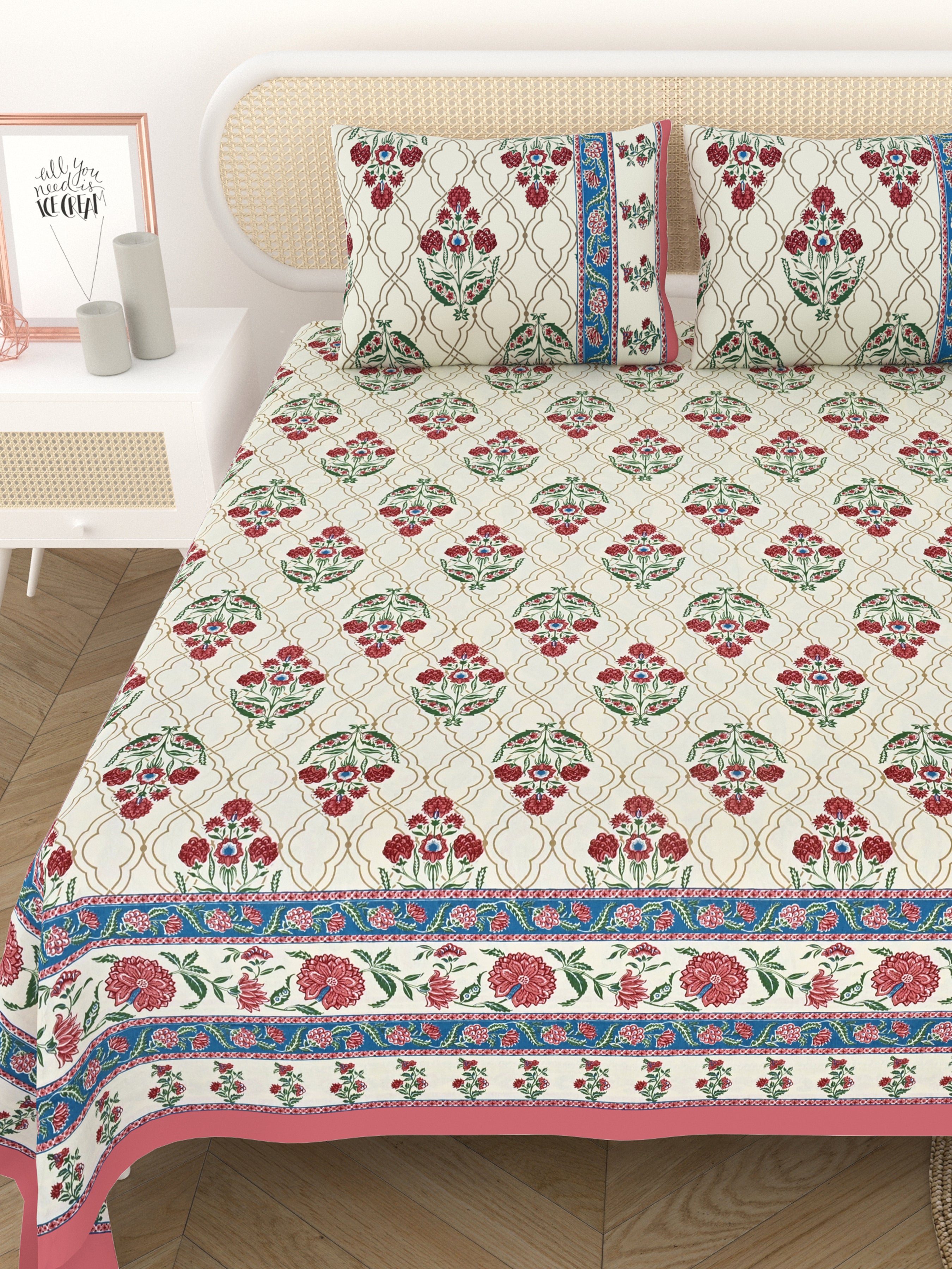 Cotton Printed Bedsheet with 2 Pillow Covers - (108 x 108 Inch)