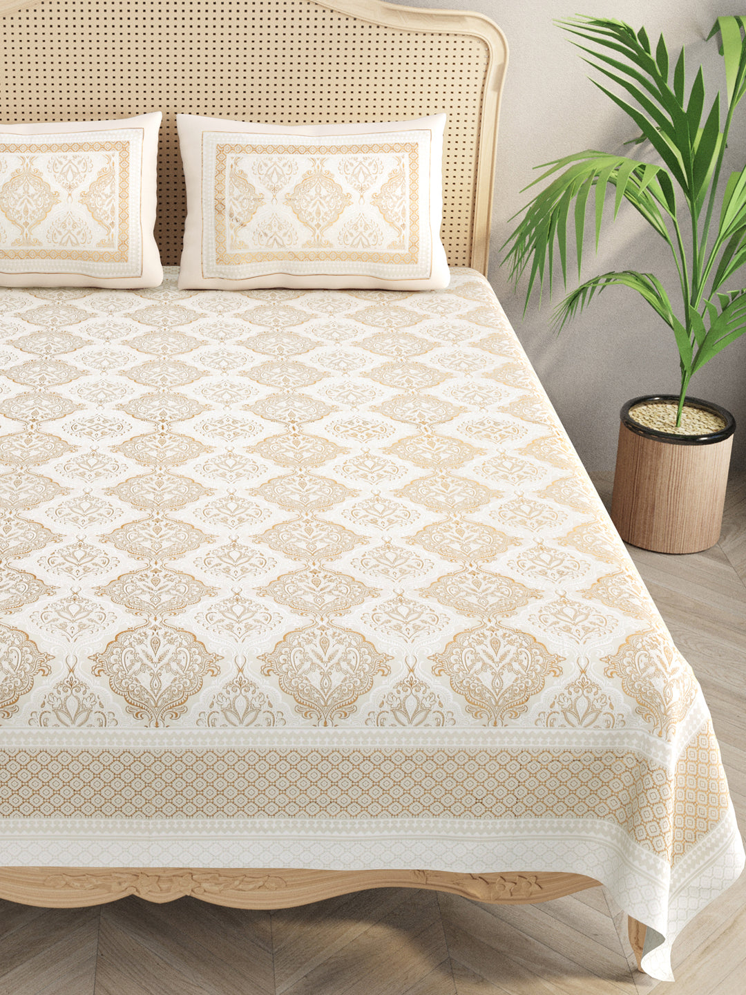 Cotton Gold Print Double King Bedsheet with 2 Pillow Covers
