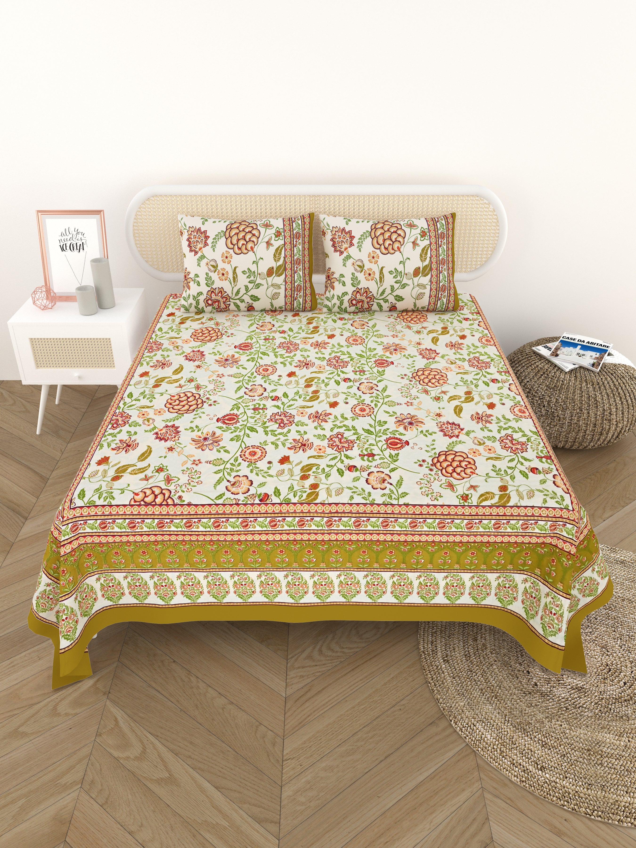 Cotton Printed Bedsheet with 2 Pillow Covers - (108 x 108 Inch)