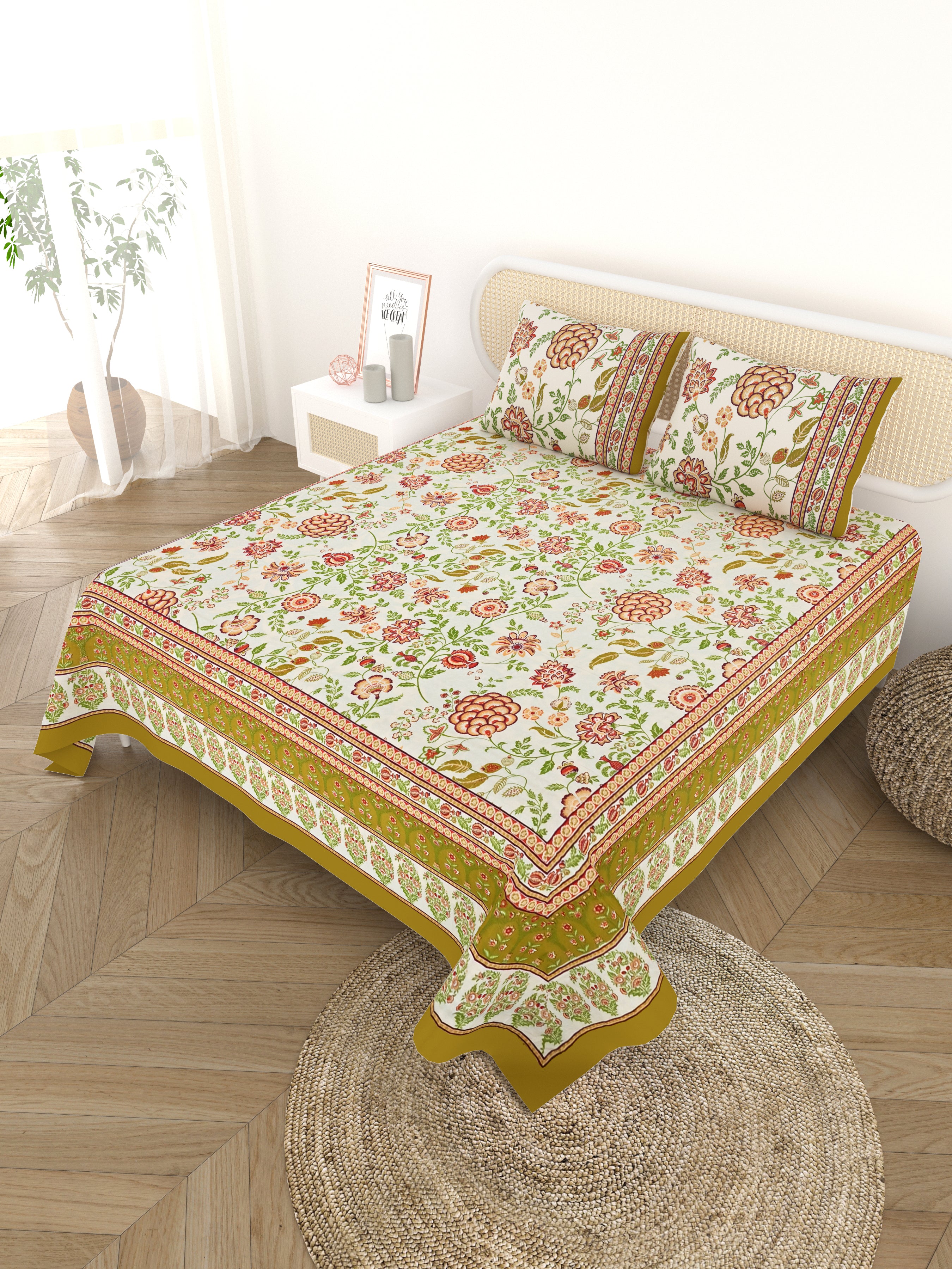 Cotton Printed Bedsheet with 2 Pillow Covers - (108 x 108 Inch)