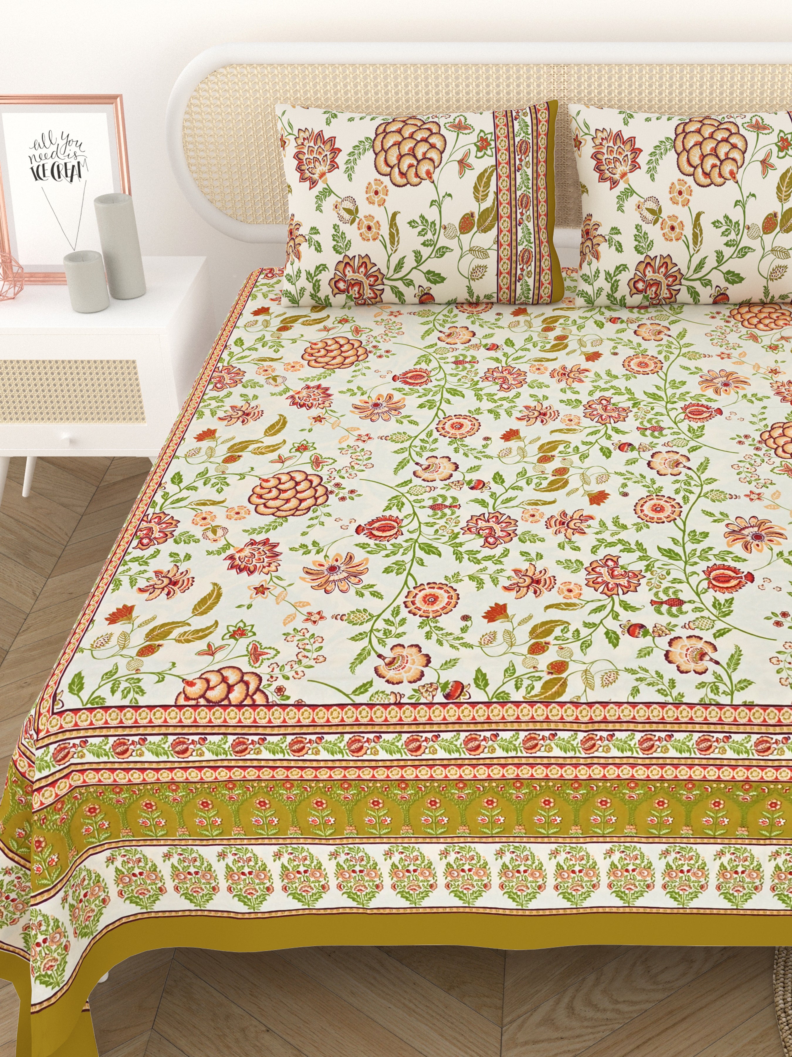 Cotton Printed Bedsheet with 2 Pillow Covers - (108 x 108 Inch)