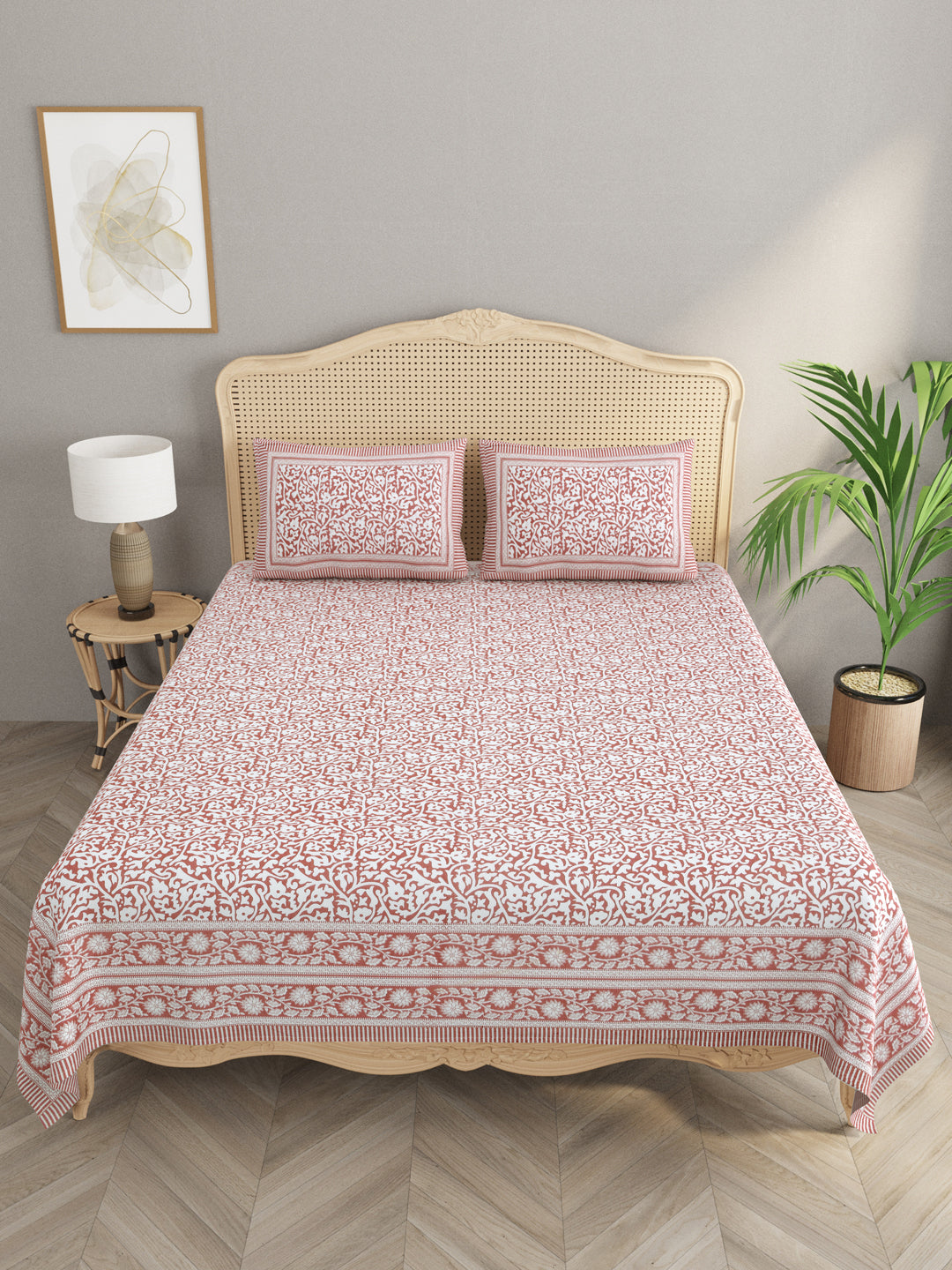 Floral Print Cotton Double King Bedsheet with 2 Pillow Covers