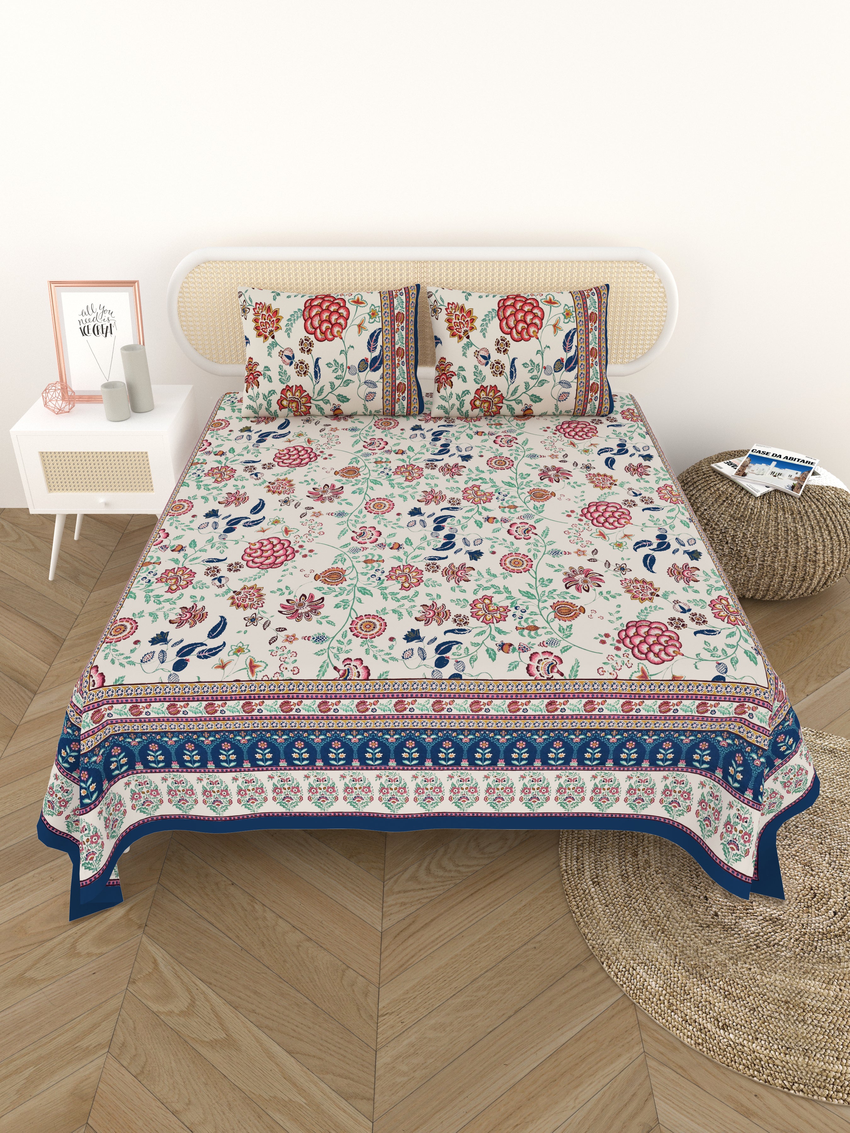 Cotton Printed Bedsheet with 2 Pillow Covers - (108 x 108 Inch)