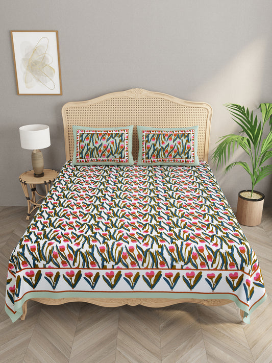 Floral Print Cotton Double King Bedsheet with 2 Pillow Covers