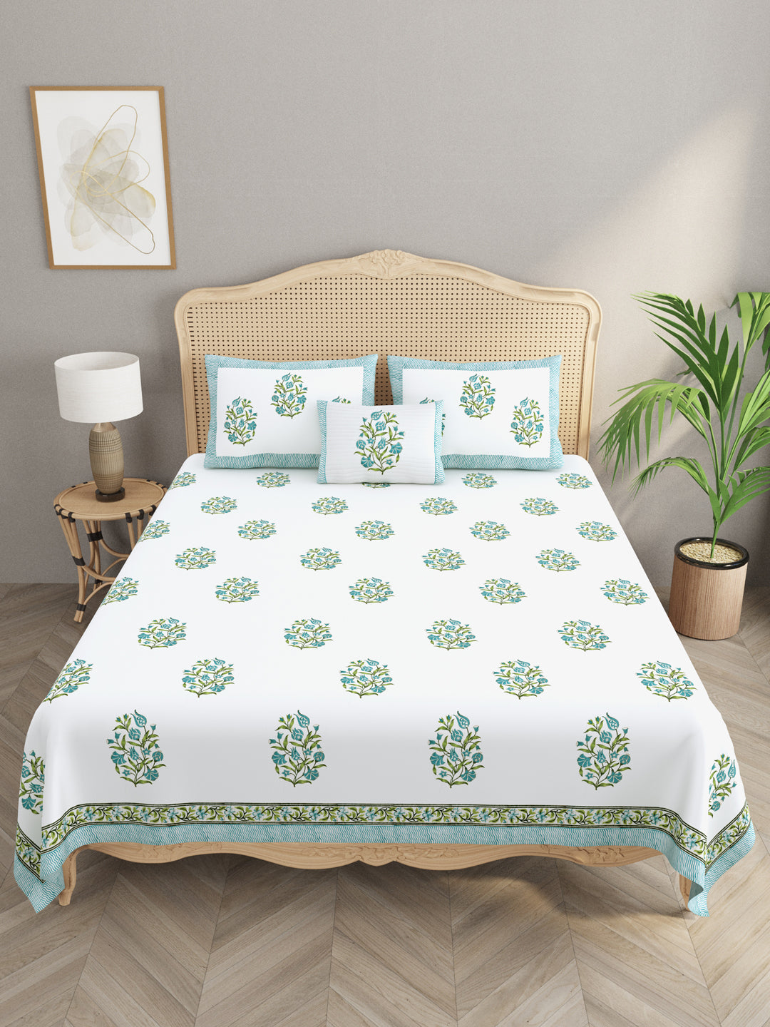 Extra Soft Percale Cotton Super King Handblock Print Bedsheet with 2 Pillow Covers + 1 Sham Pillow Cover