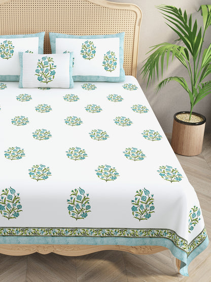 Extra Soft Percale Cotton Super King Handblock Print Bedsheet with 2 Pillow Covers + 1 Sham Pillow Cover