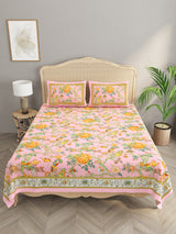 Floral Print Cotton Double King Bedsheet with 2 Pillow Covers