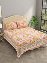 Floral Print Cotton Double King Bedsheet with 2 Pillow Covers