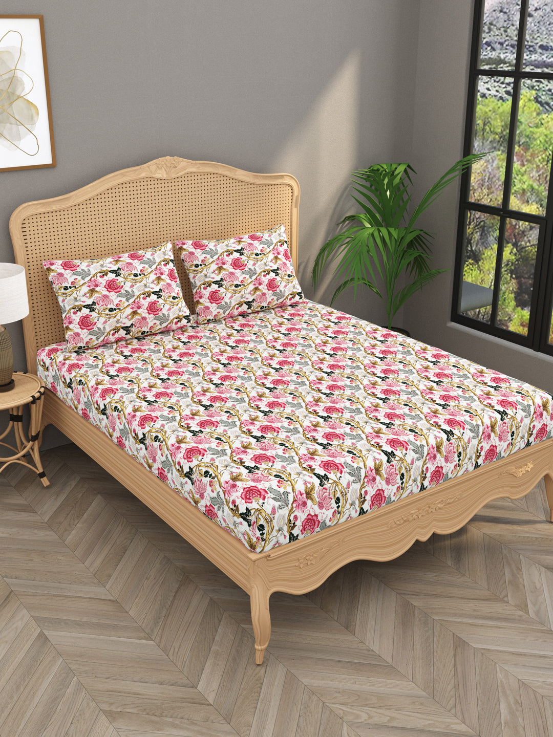 Floral print fitted Bedsheets with elastic, 2 pillow covers