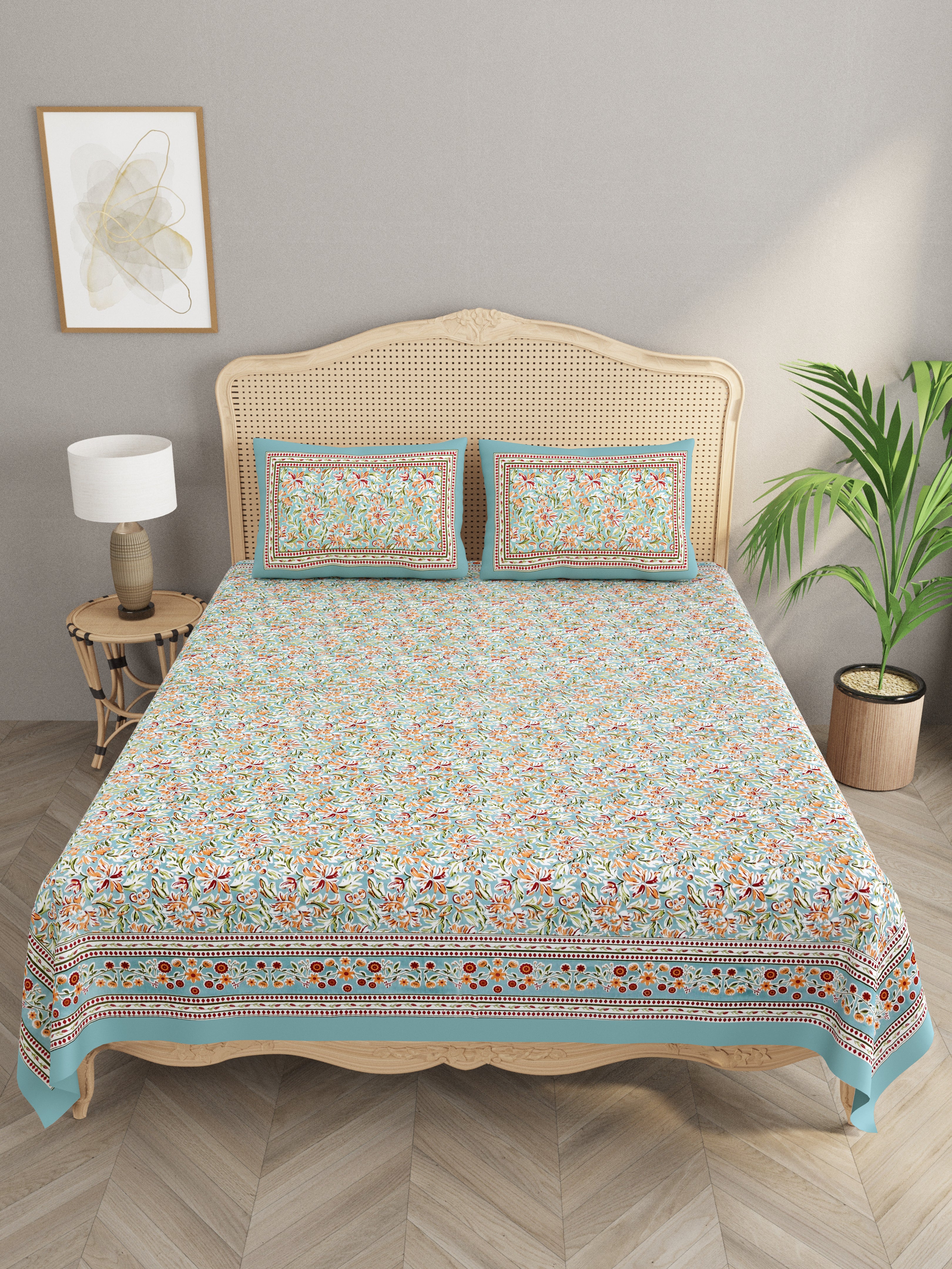 Floral Print Cotton Double King Bedsheet with 2 Pillow Covers
