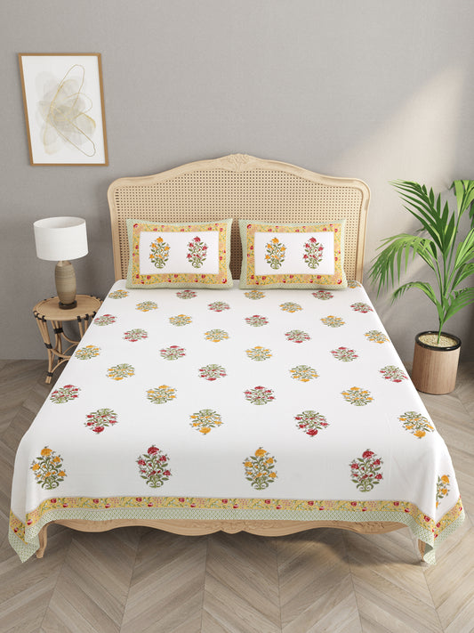 Extra Soft Percale Cotton Double King Handblock Print Bedsheet with 2 Pillow Covers