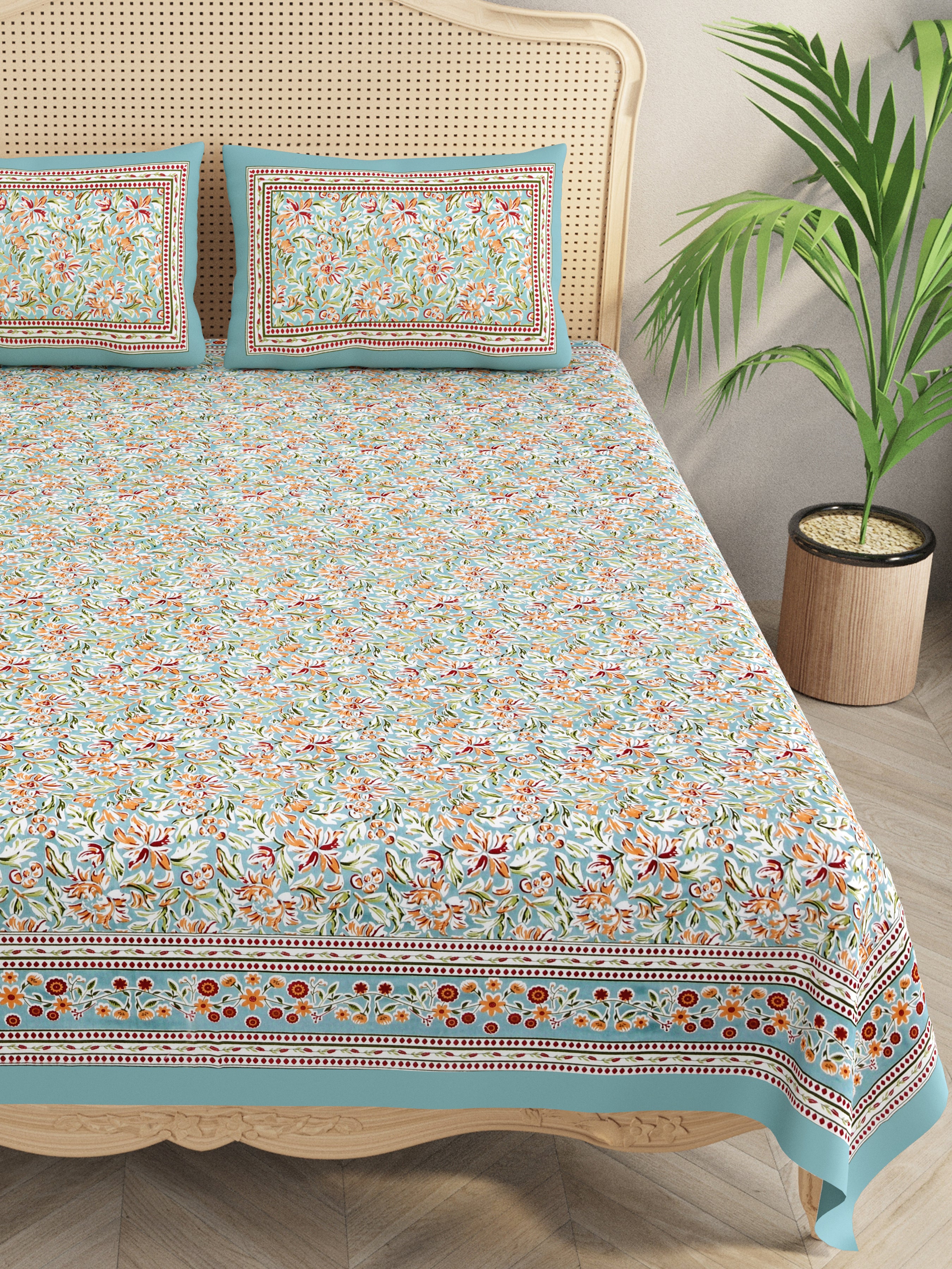 Floral Print Cotton Double King Bedsheet with 2 Pillow Covers