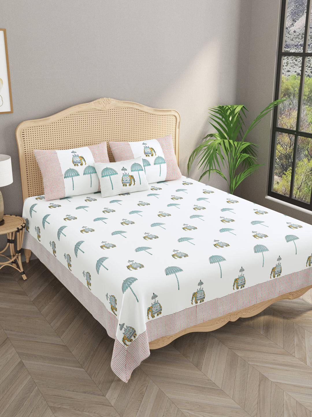 Extra Soft Percale Cotton Super King Handblock Print Bedsheet with 2 Pillow Covers + 1 Sham Pillow Cover