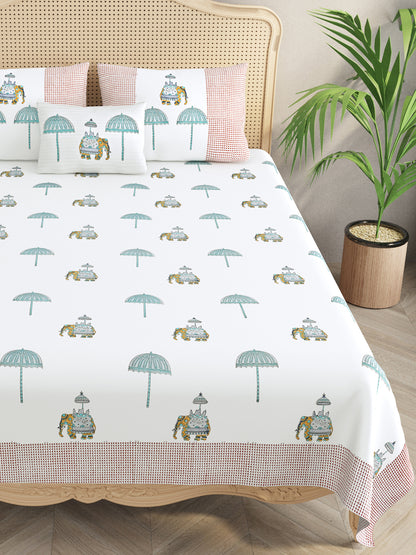 Extra Soft Percale Cotton Super King Handblock Print Bedsheet with 2 Pillow Covers + 1 Sham Pillow Cover