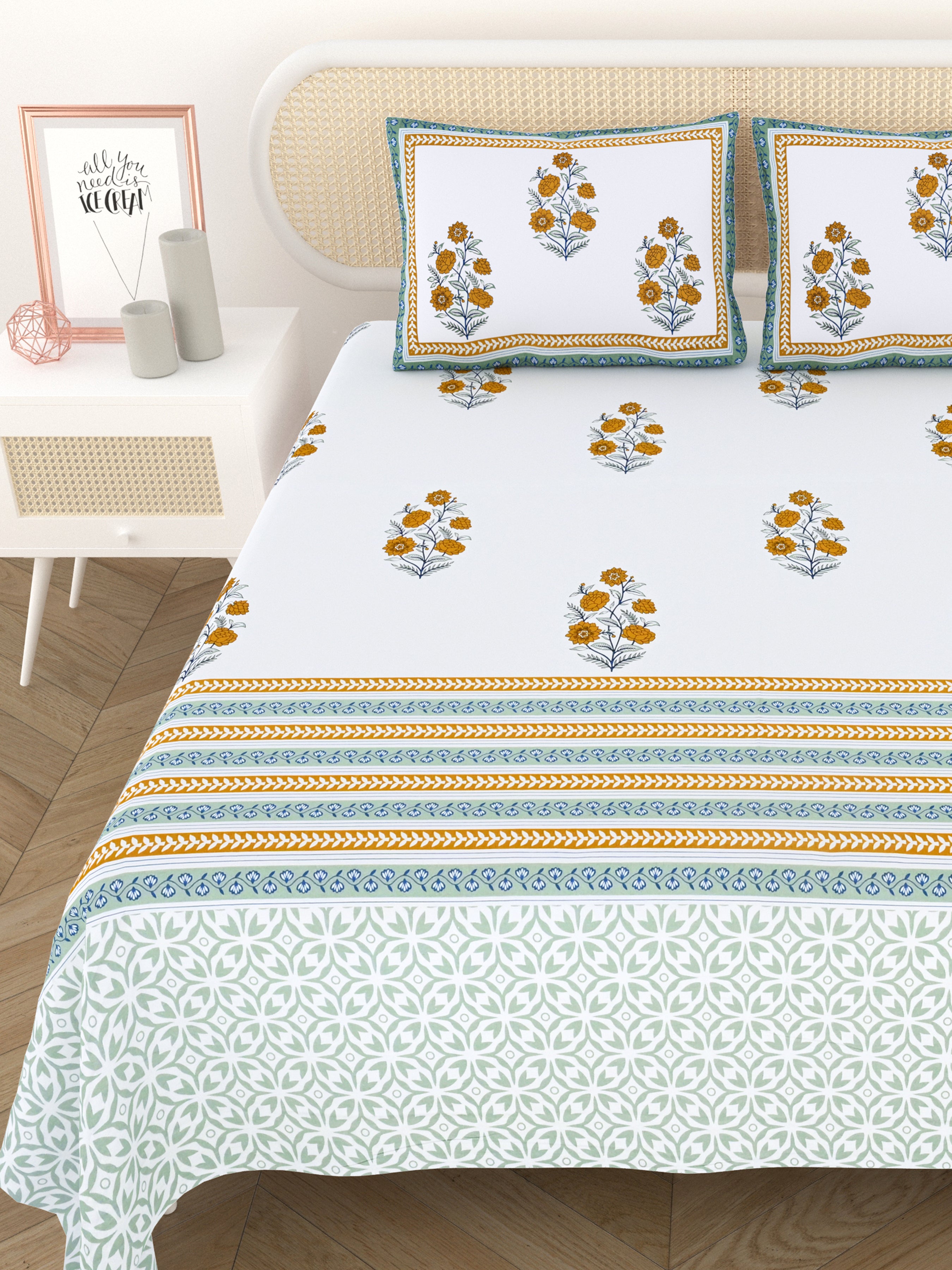 Extra Soft Percale Cotton Super King Handblock Print Bedsheet with 2 Pillow Covers