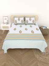 Extra Soft Percale Cotton Super King Handblock Print Bedsheet with 2 Pillow Covers