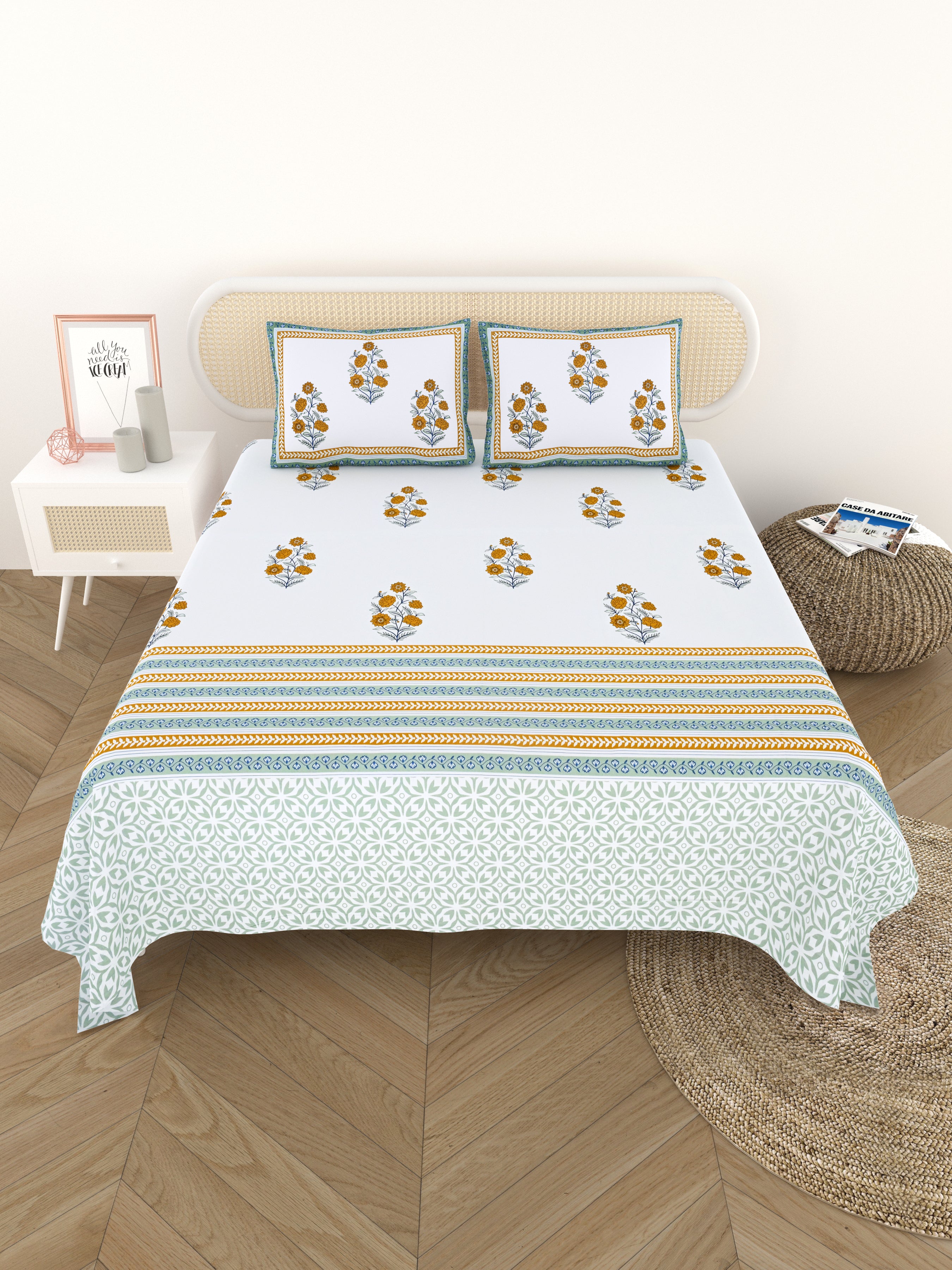 Hand Printed Bedsheet Super King Size Gift Box | 1 Super King Double Bedsheet with 2 Pillow Covers