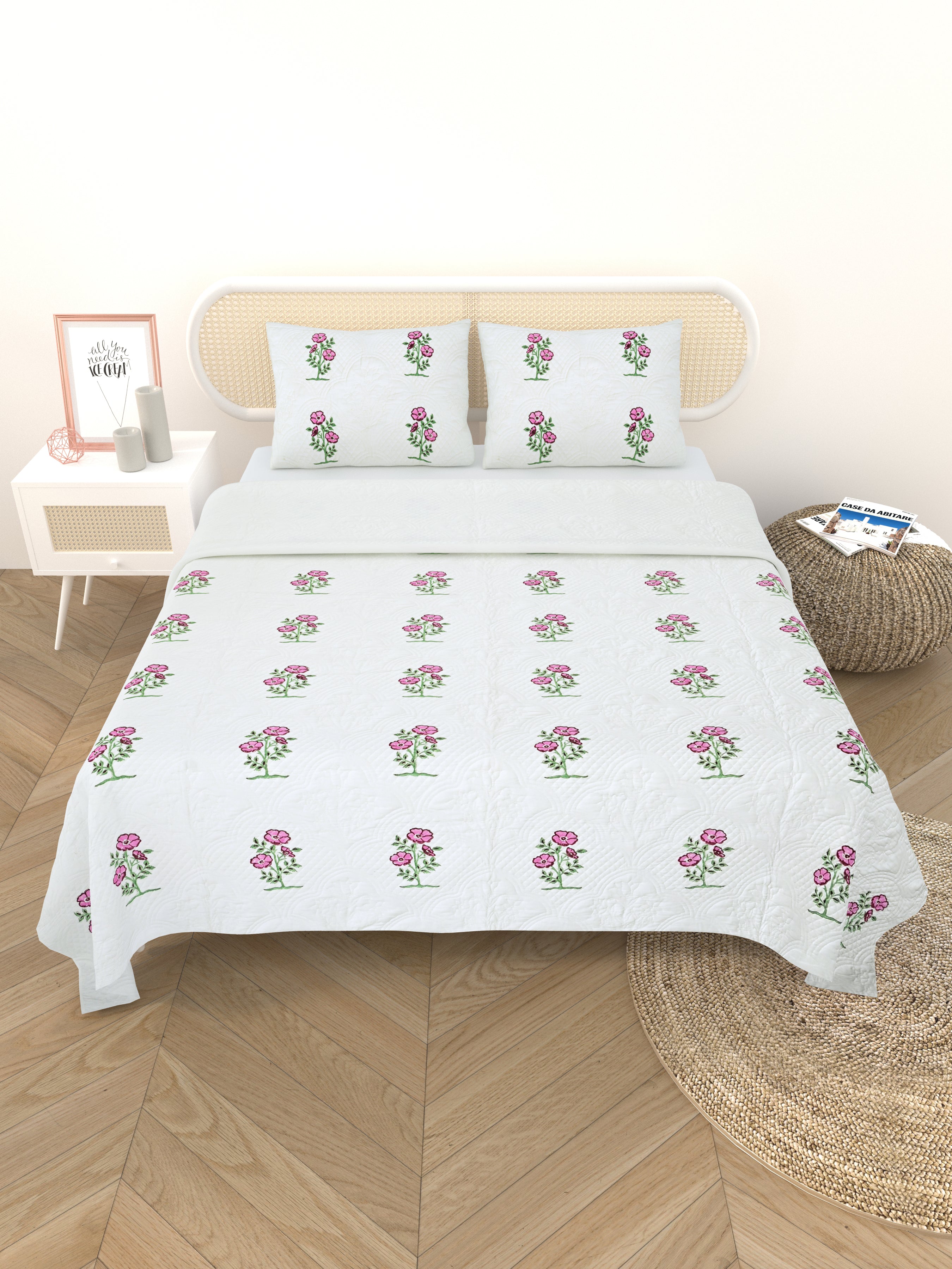 Quilted Floral Printed Reversible Bedcover with 2 Pillow Covers