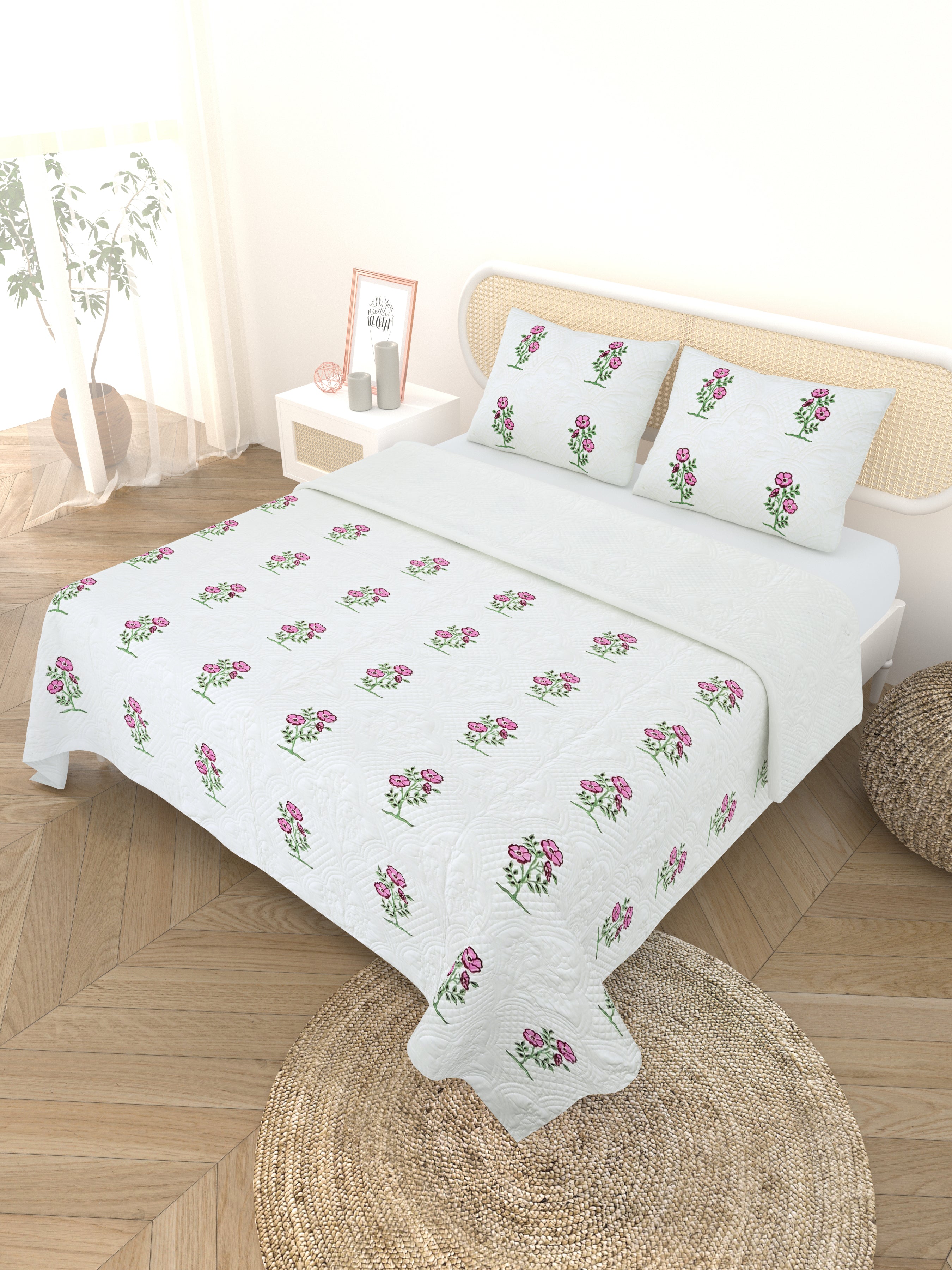Quilted Floral Printed Reversible Bedcover with 2 Pillow Covers