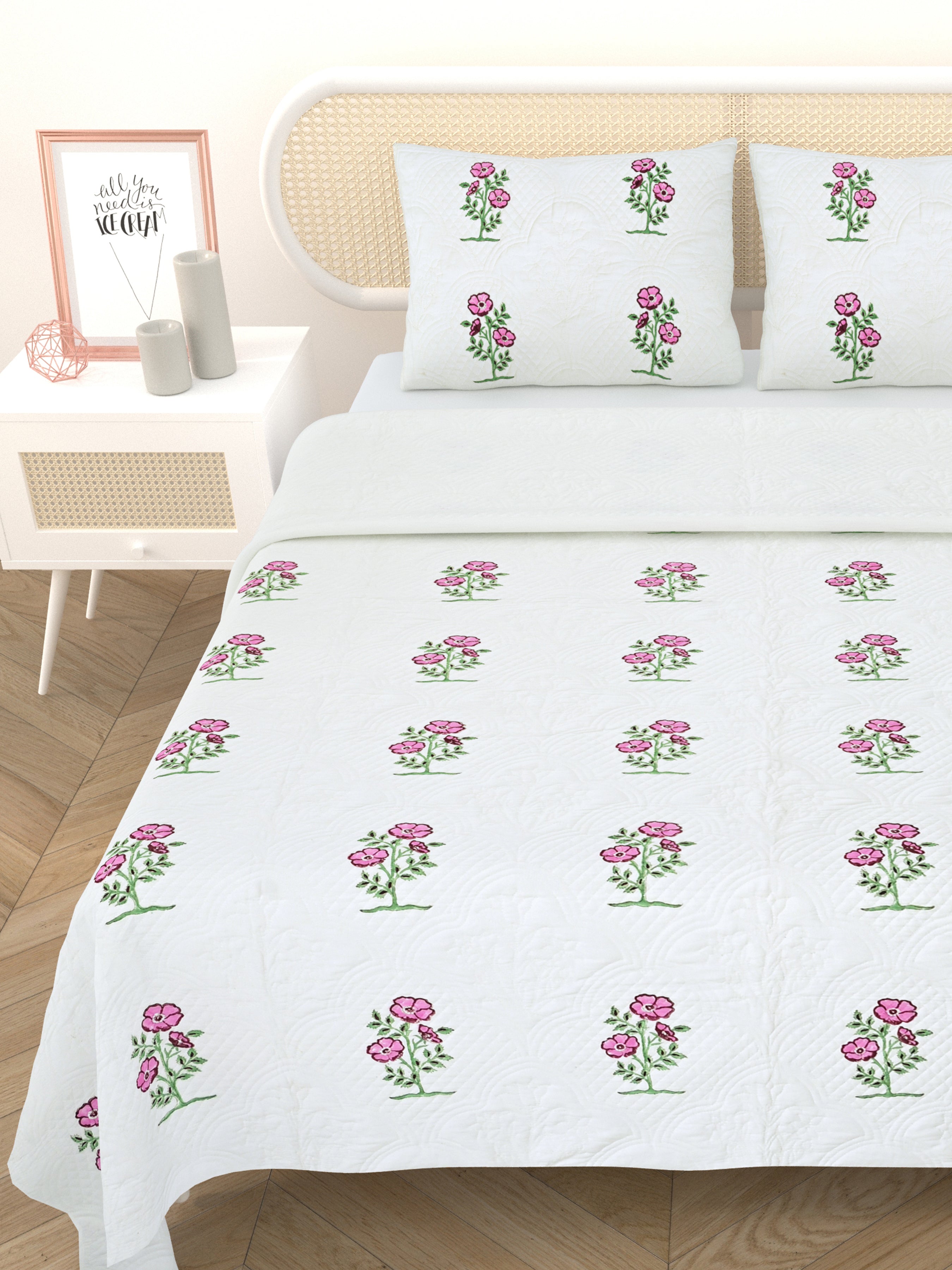 Quilted Floral Printed Reversible Bedcover with 2 Pillow Covers