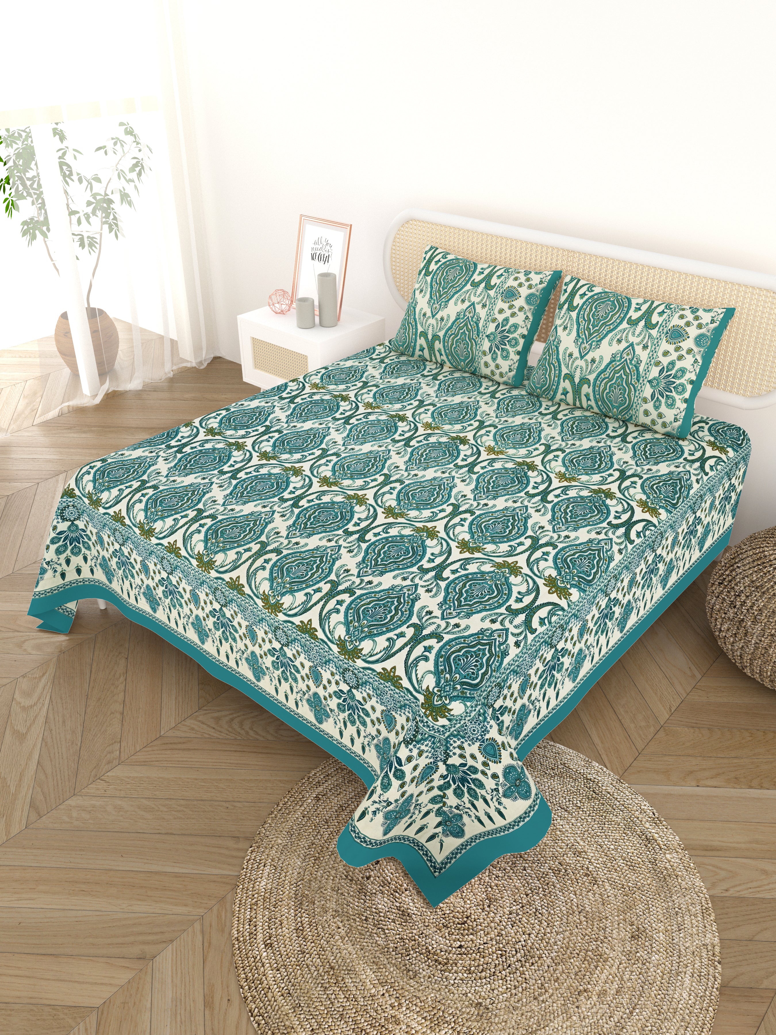 Cotton Printed Bedsheet with 2 Pillow Covers - (108 x 108 Inch)