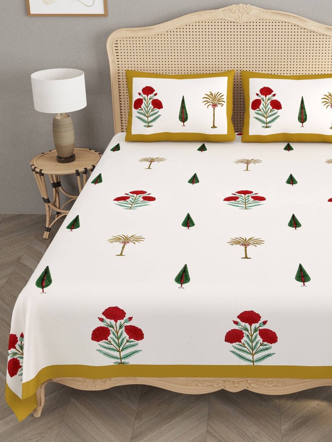 Handblock Printed Double King Bedsheet with 2 Pillow Covers