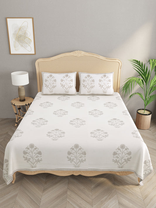 Handblock Print Super King Bedsheet in Extra Soft Percale Cotton with 2 Pillow covers