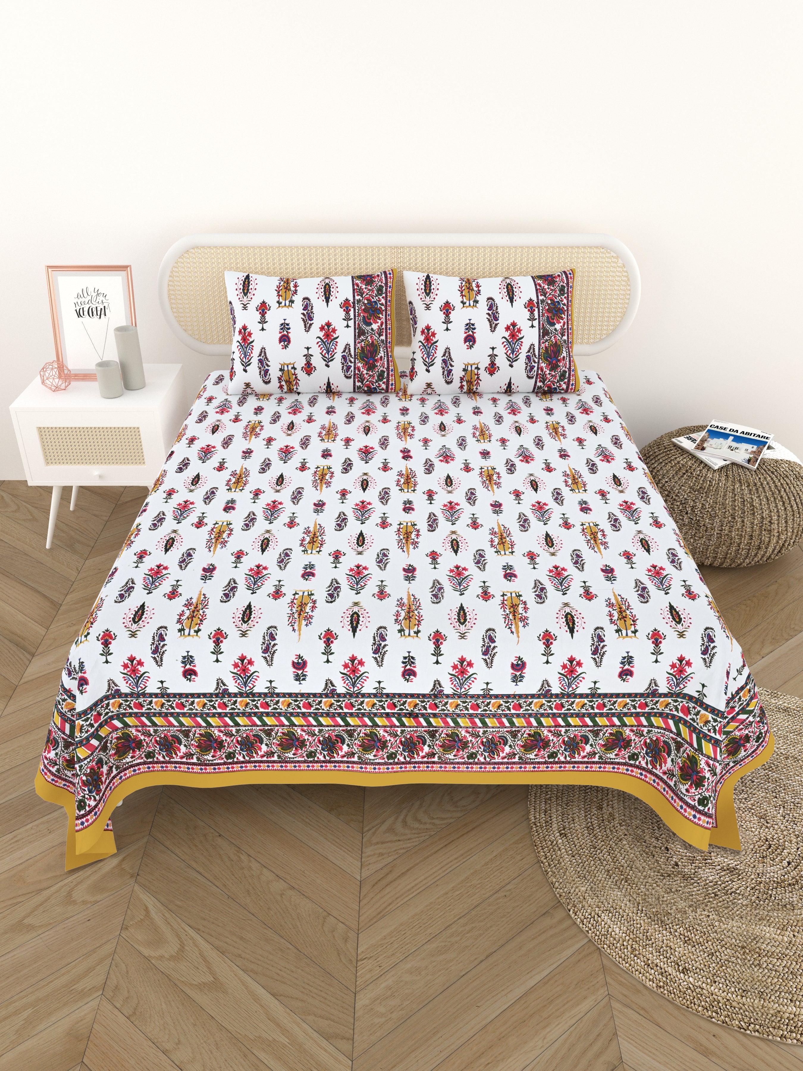 Cotton Printed Bedsheet with 2 Pillow Covers - (108 x 108 Inch)
