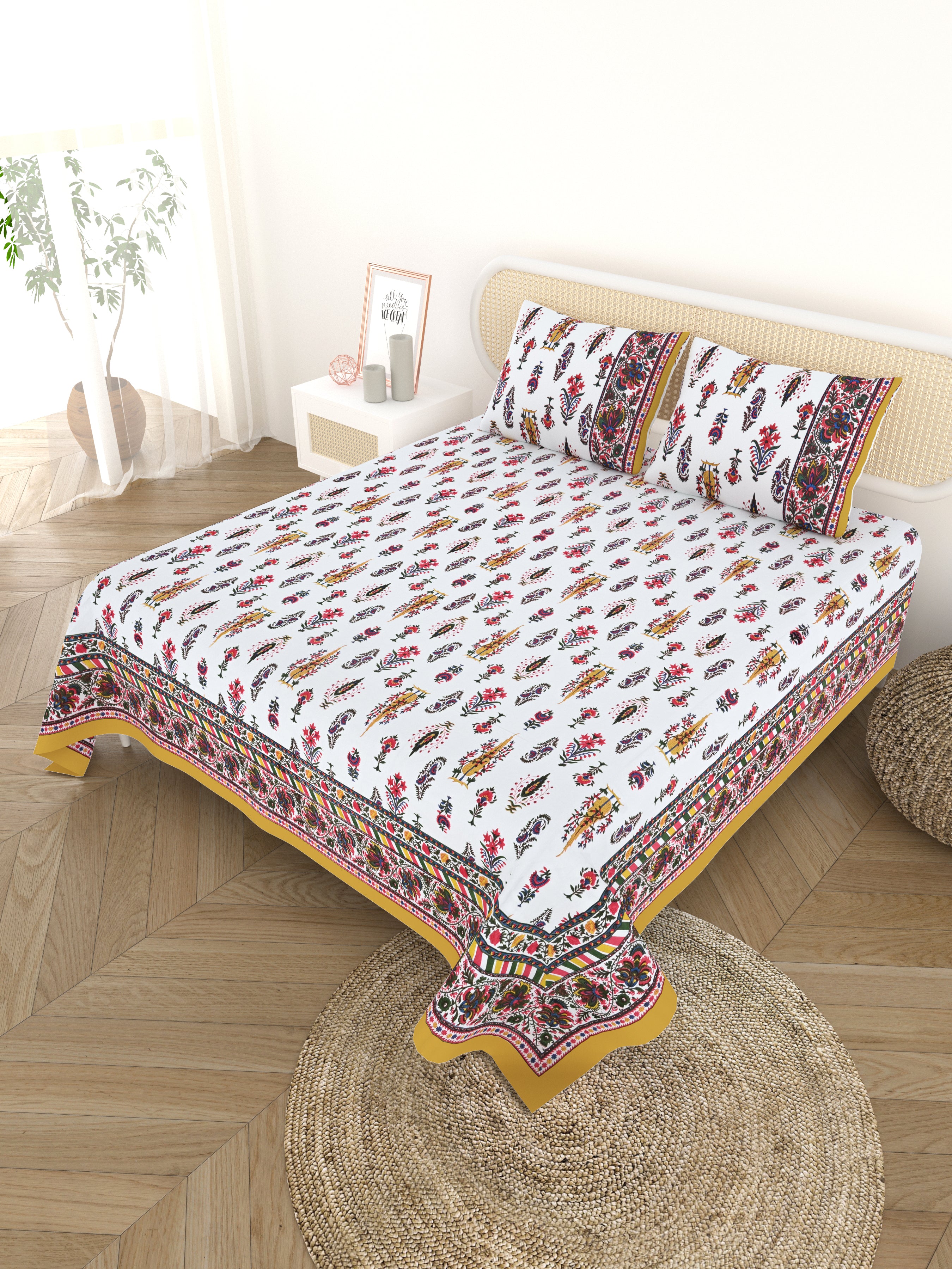 Cotton Printed Bedsheet with 2 Pillow Covers - (108 x 108 Inch)