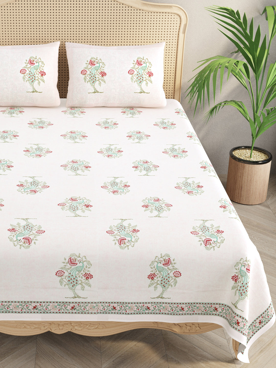 Handblock Print Super King Bedsheet in Extra Soft Percale Cotton with 2 Pillow covers