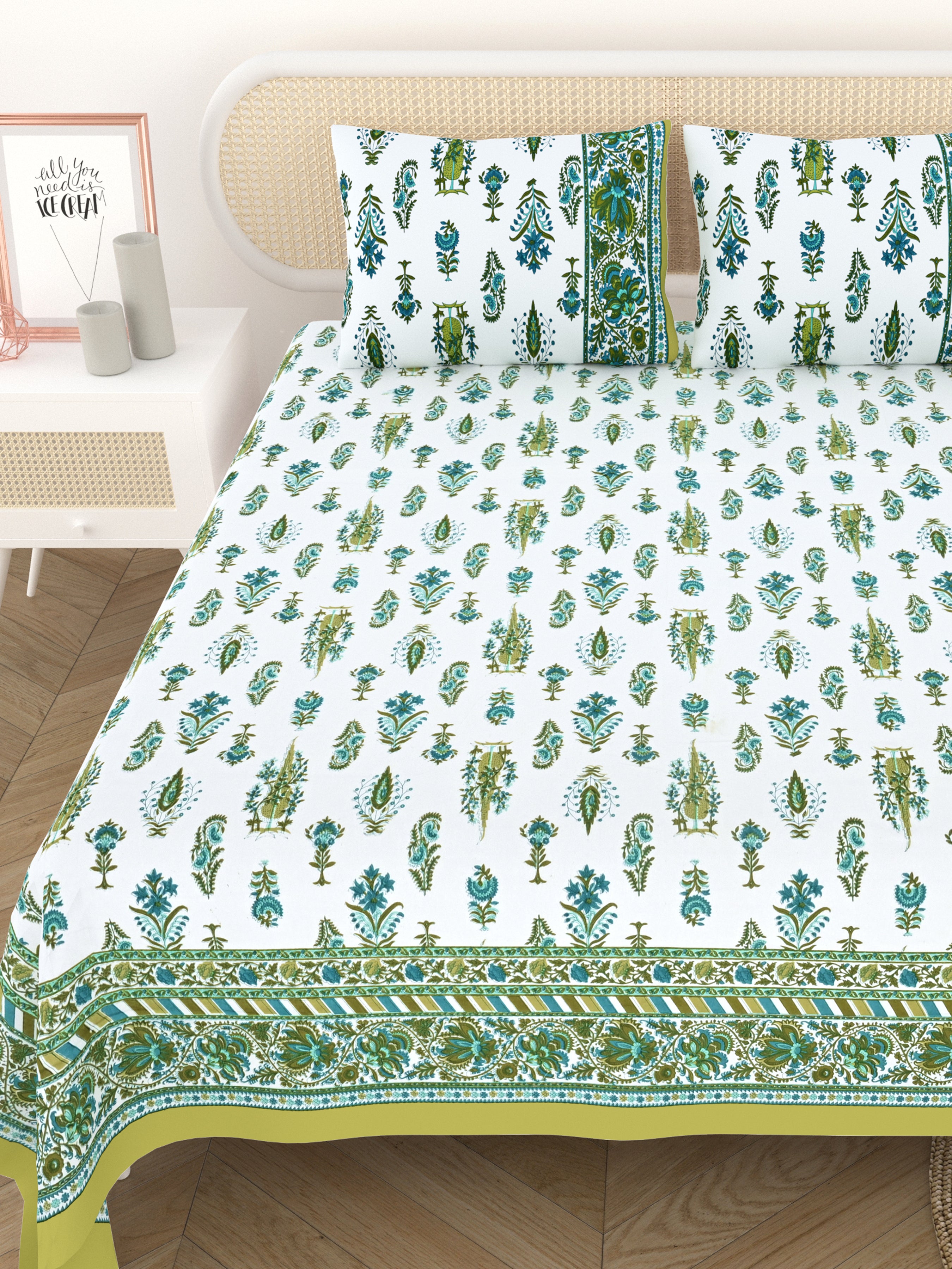 Cotton Printed Bedsheet with 2 Pillow Covers - (108 x 108 Inch)