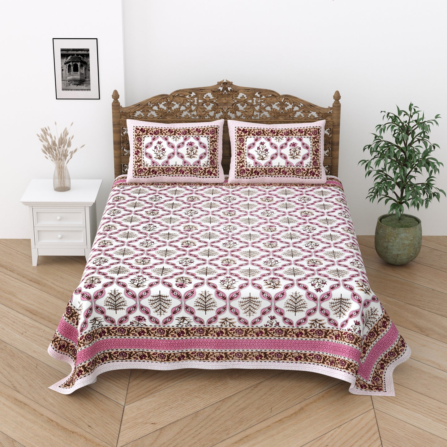 Floral Print Cotton Double King Bedsheet with 2 Pillow Covers