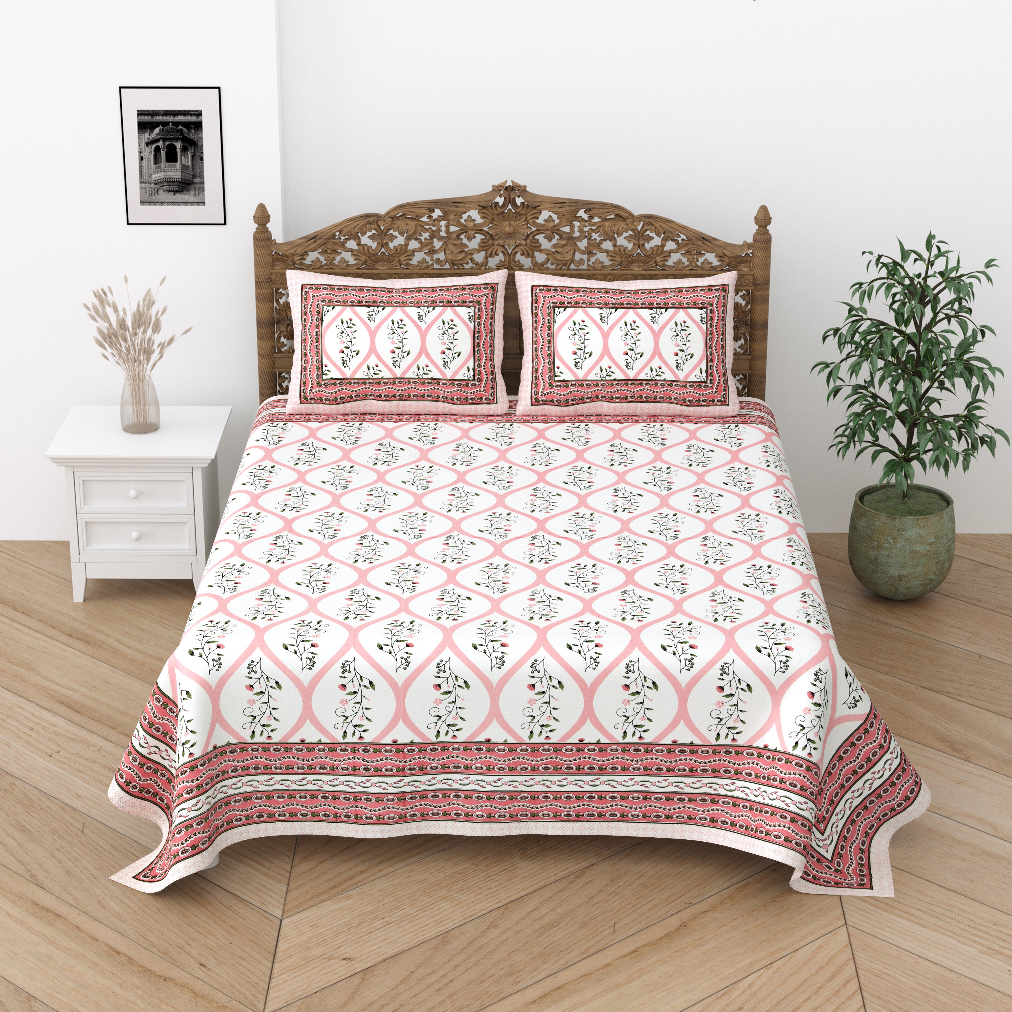 Floral Print Cotton Double King Bedsheet with 2 Pillow Covers