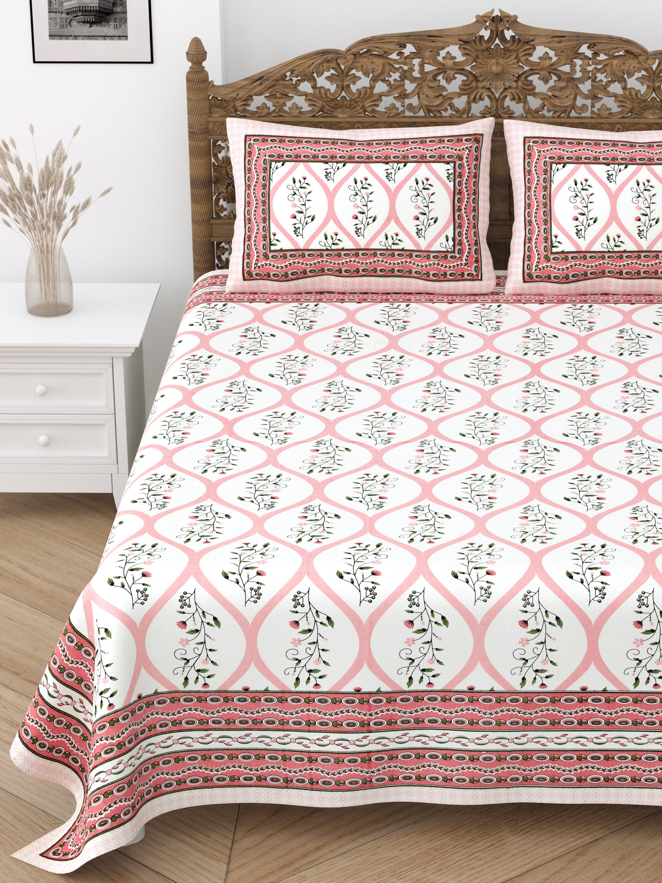 Floral Print Cotton Double King Bedsheet with 2 Pillow Covers