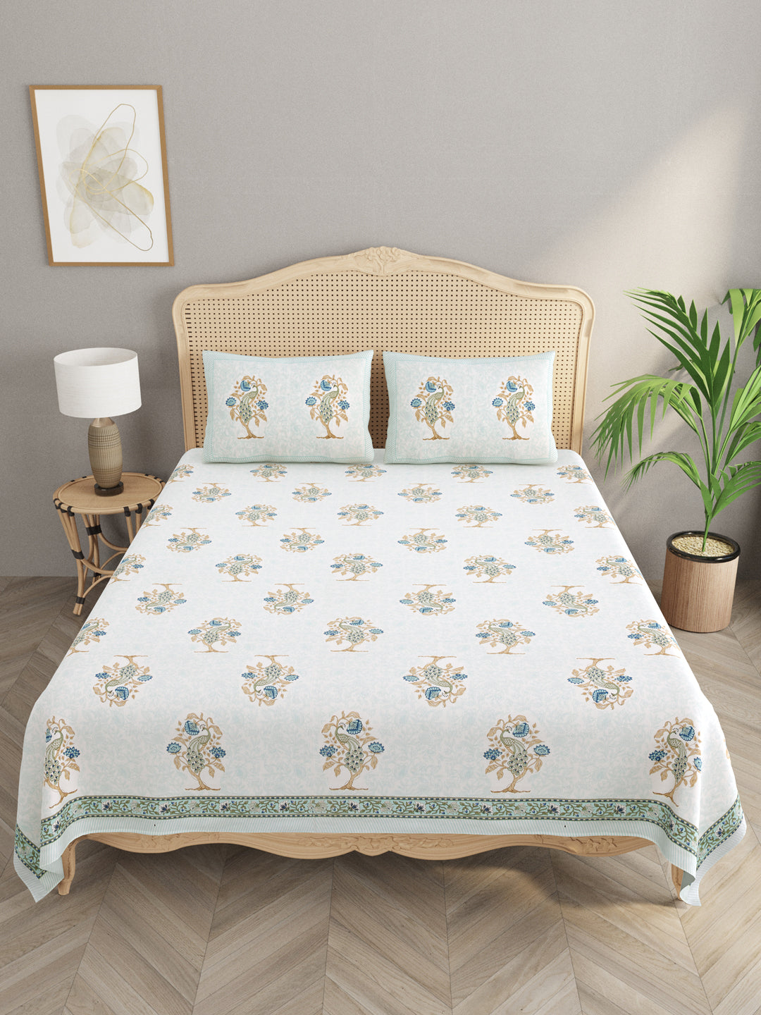 Handblock Print Super King Bedsheet in Extra Soft Percale Cotton with 2 Pillow covers