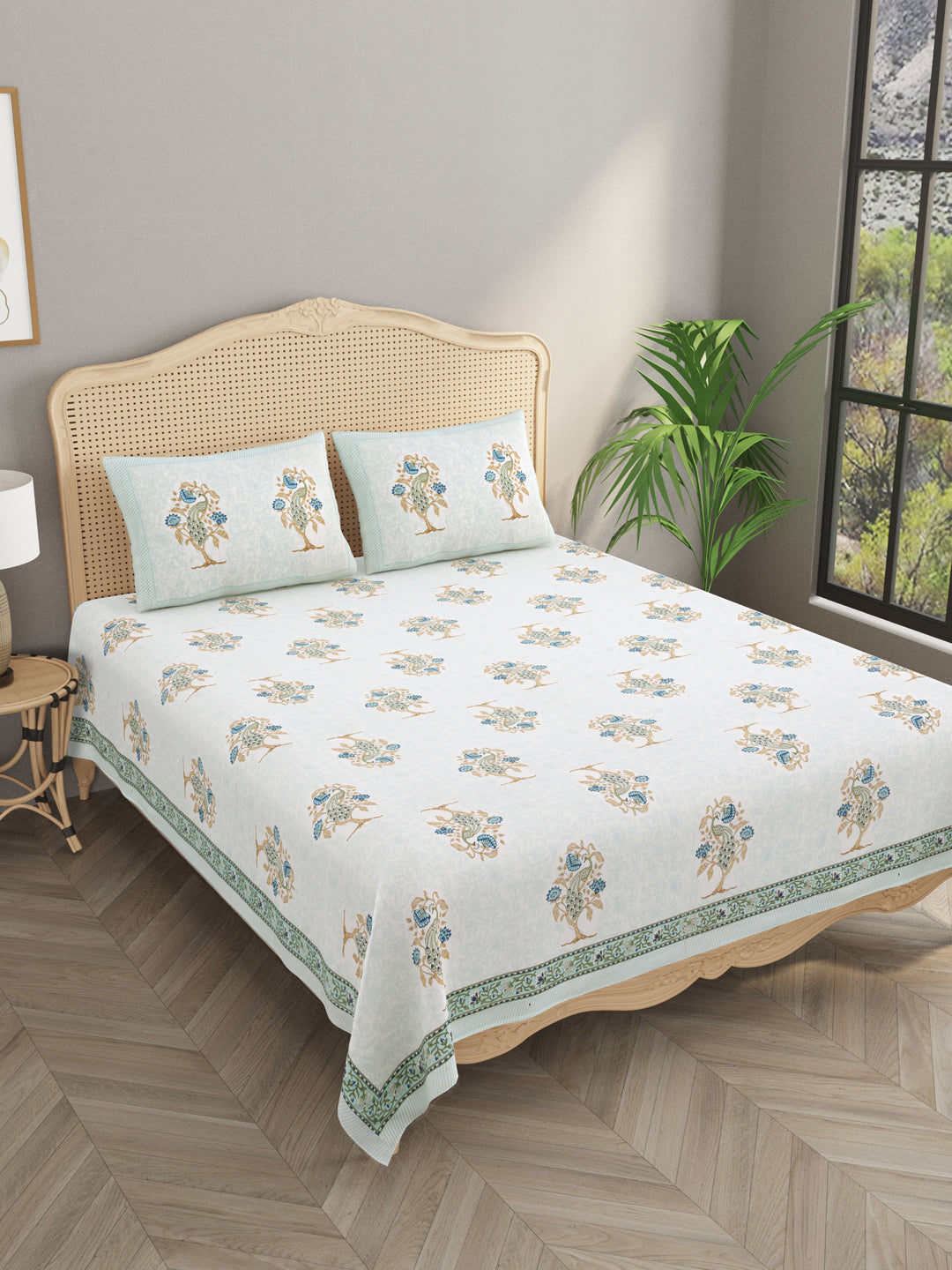 Handblock Print Super King Bedsheet in Extra Soft Percale Cotton with 2 Pillow covers