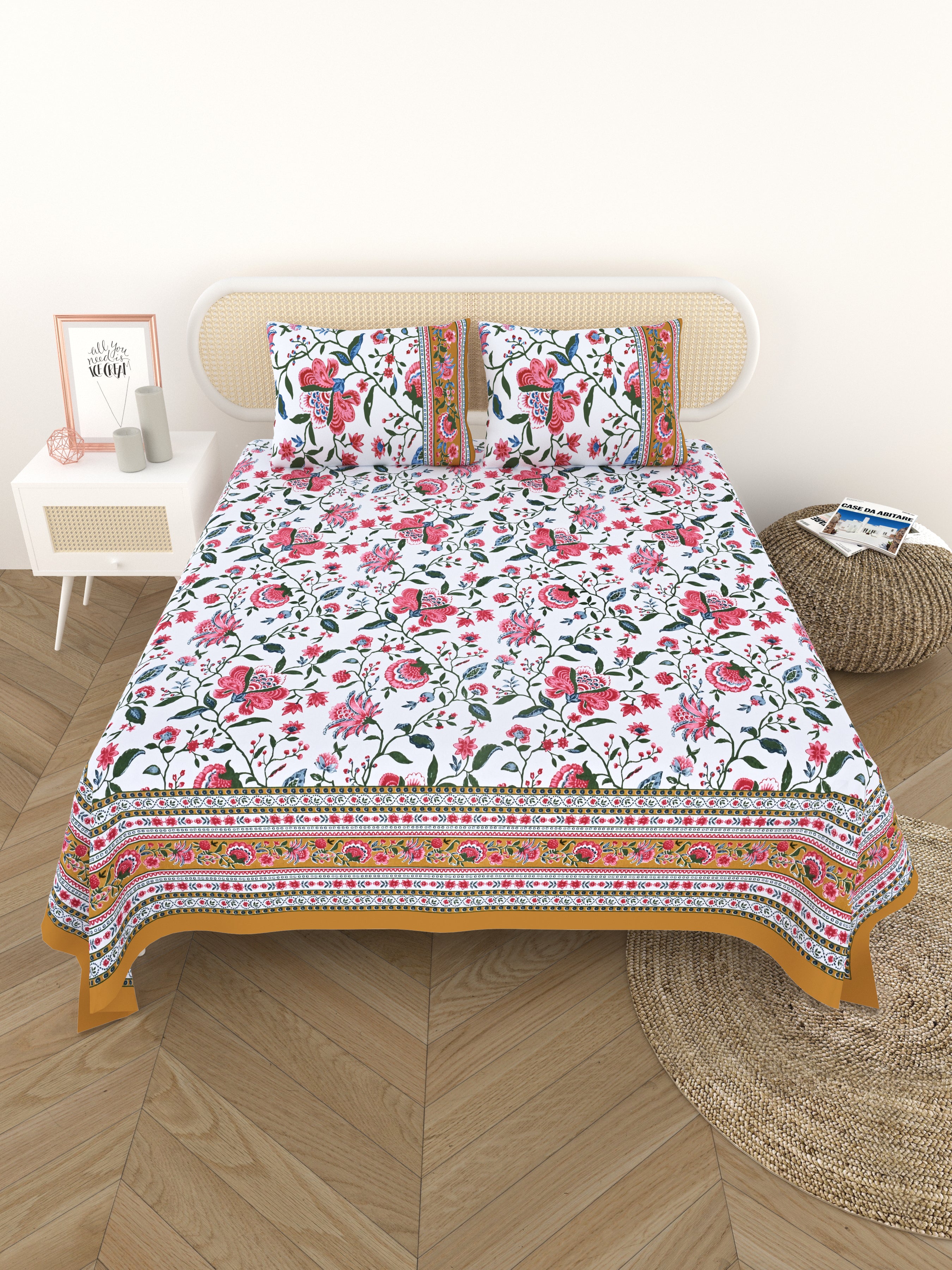 Cotton Printed Bedsheet with 2 Pillow Covers - (108 x 108 Inch)