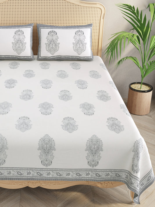 Handblock Print Super King Bedsheet in Extra Soft Percale Cotton with 2 Pillow covers