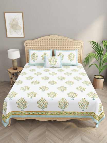 Extra Soft Percale Cotton Super King Handblock Print Bedsheet with 2 Pillow Covers + 1 Sham Pillow Cover