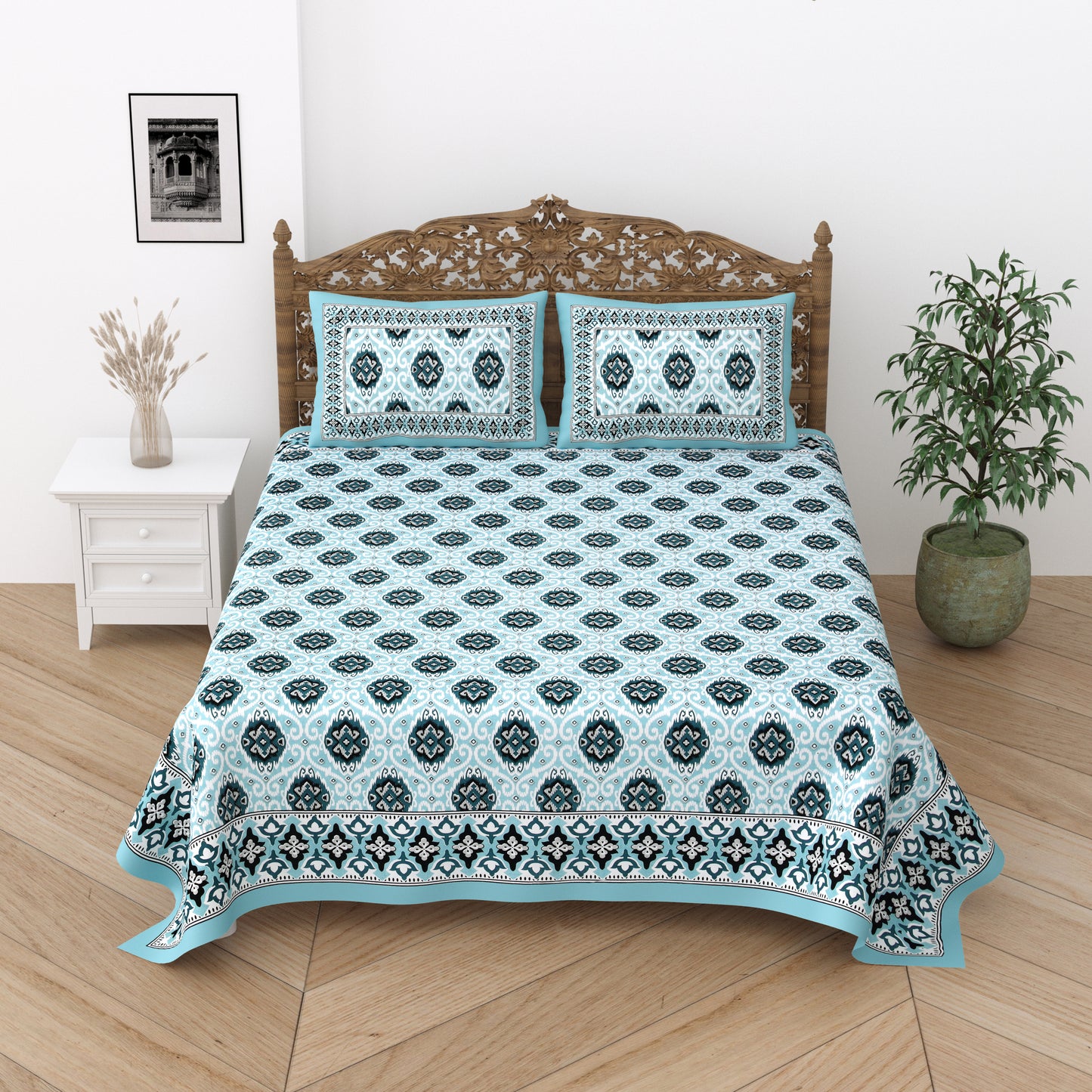 Floral Print Cotton Double King Bedsheet with 2 Pillow Covers