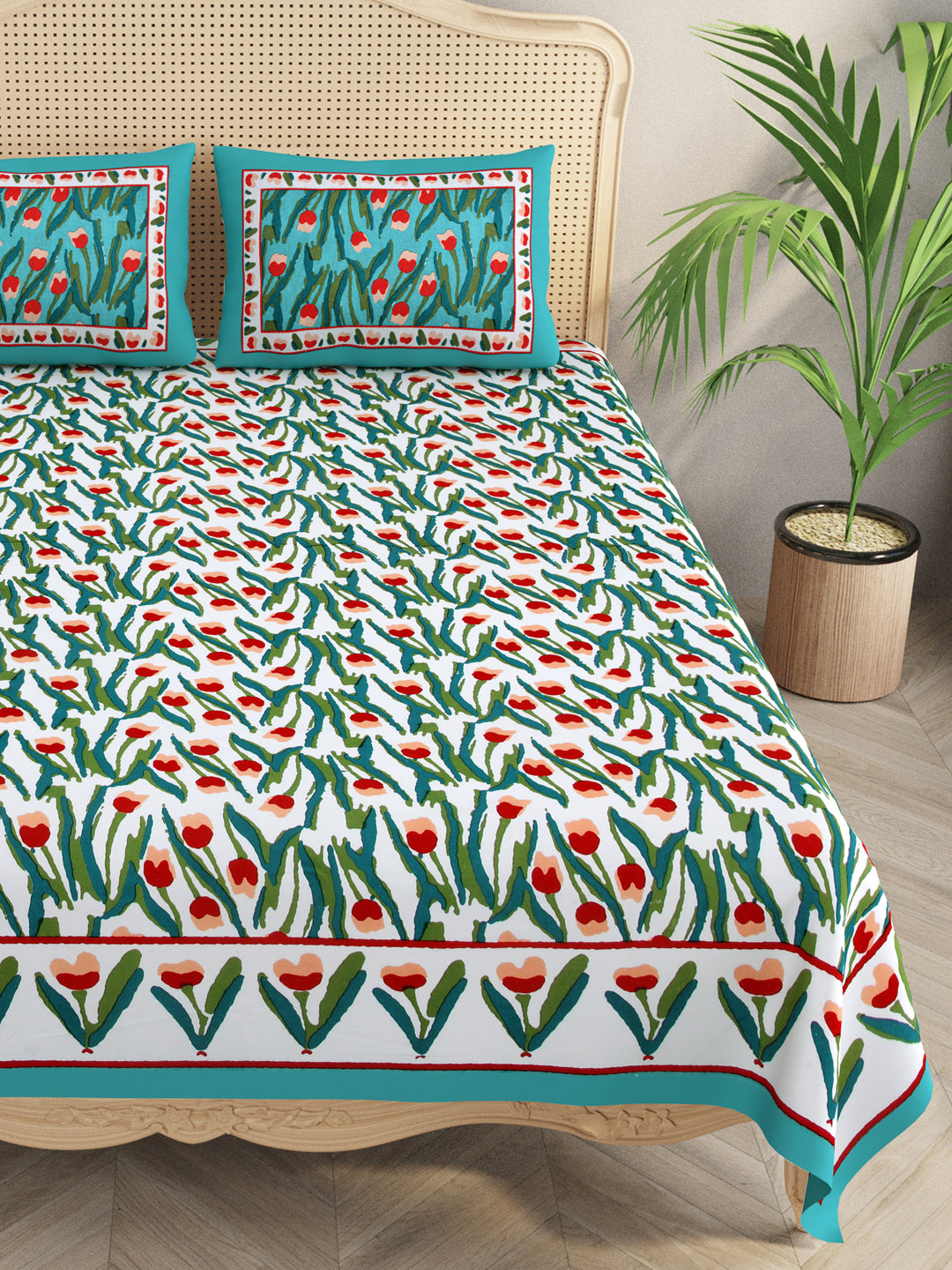 Floral Print Cotton Double King Bedsheet with 2 Pillow Covers