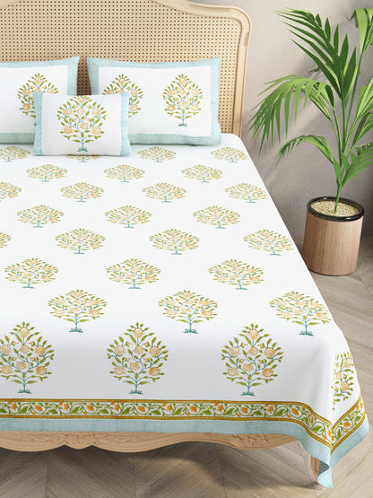 Extra Soft Percale Cotton Super King Handblock Print Bedsheet with 2 Pillow Covers + 1 Sham Pillow Cover