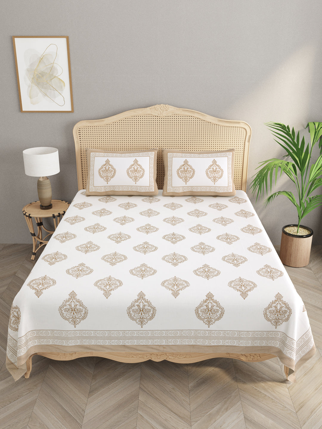 Extra Soft Percale Cotton Double King Handblock Print Bedsheet with 2 Pillow Covers
