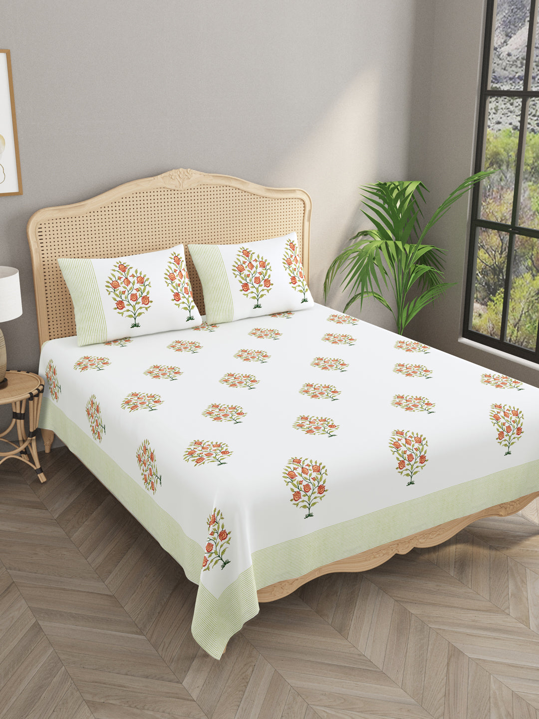 Cotton Super King Handblock Print Bedsheet with 2 Pillow Covers