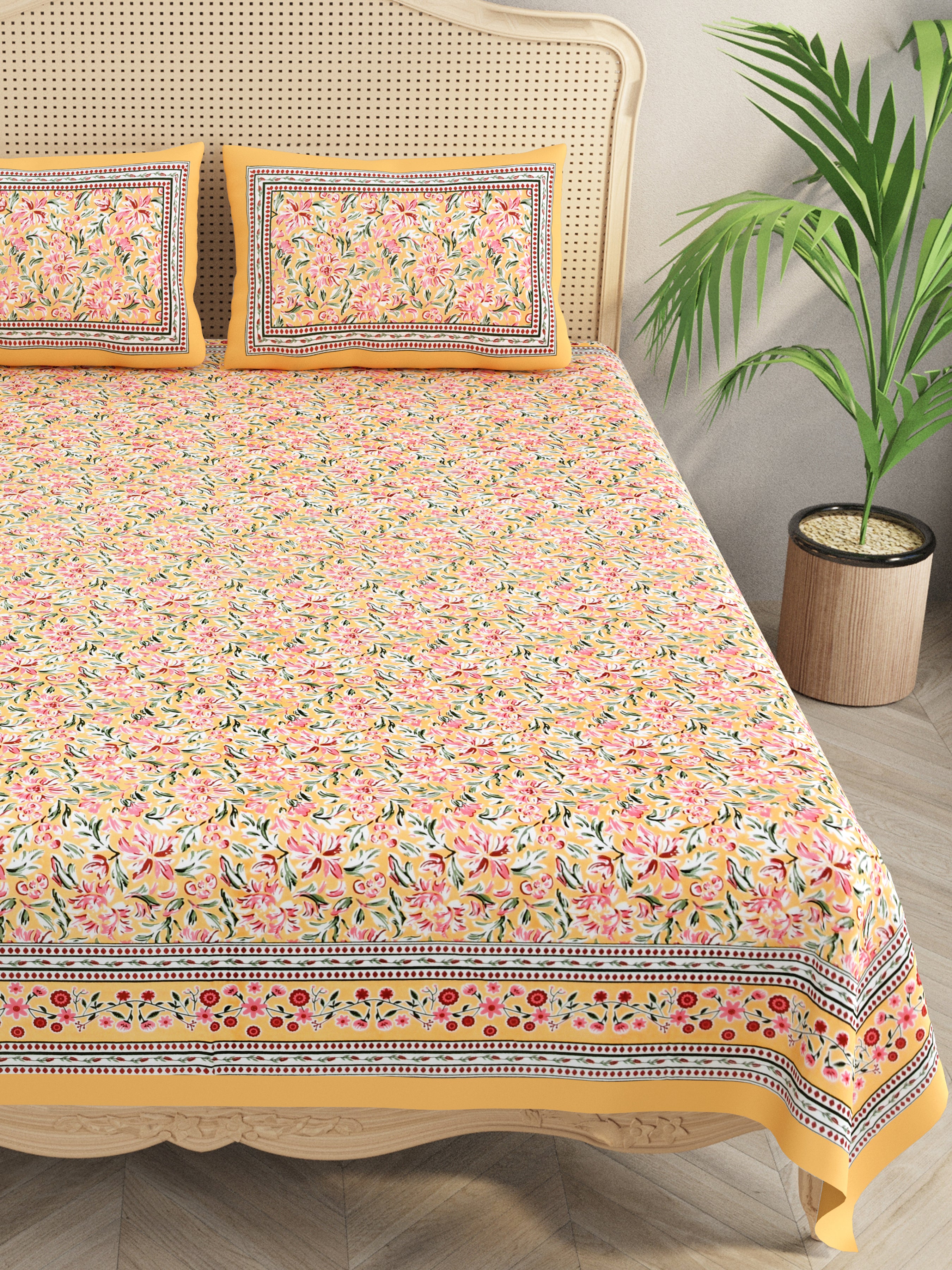 Floral Print Cotton Double King Bedsheet with 2 Pillow Covers