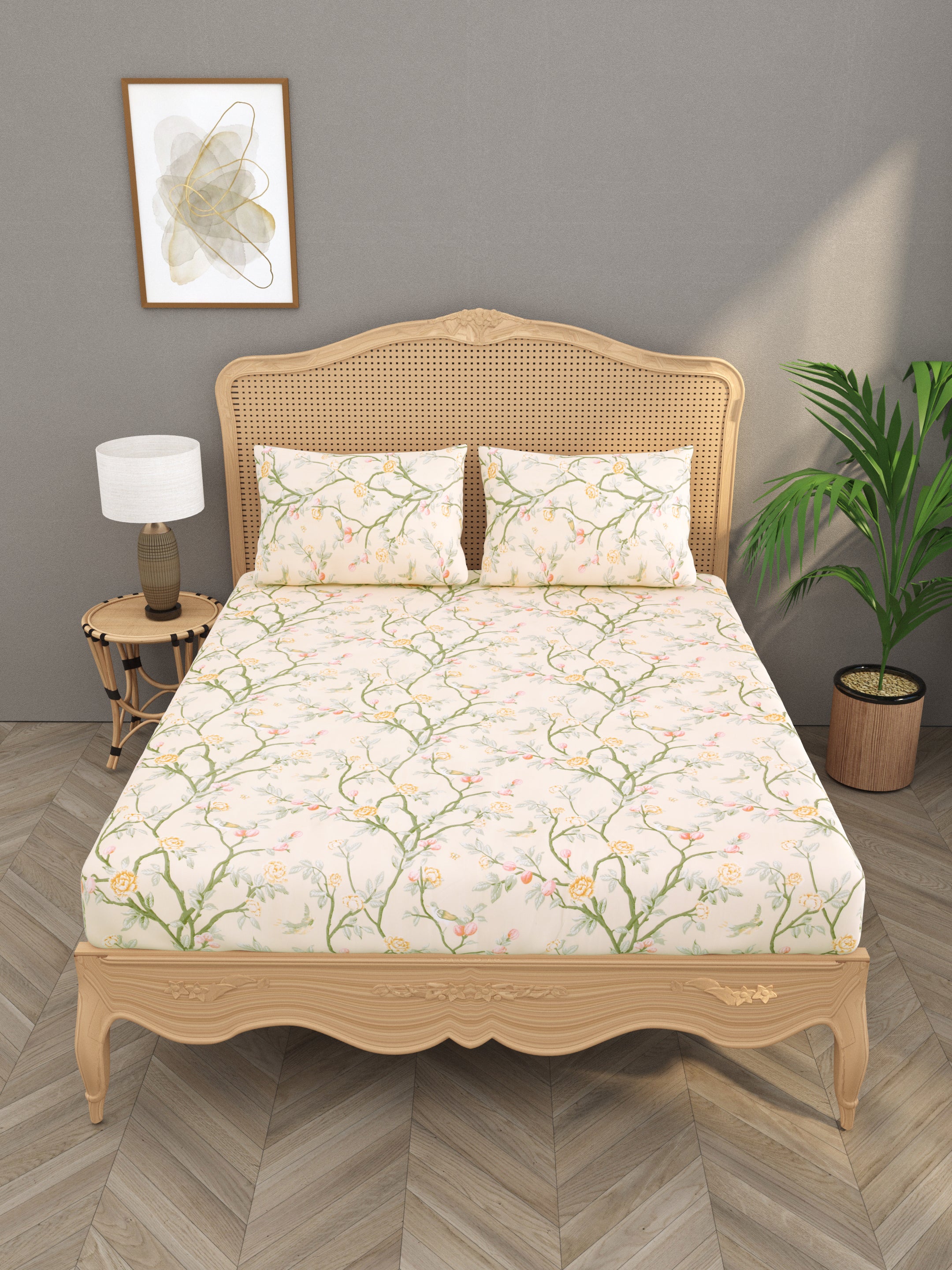 Polycotton Floral Printed Fitted Bedsheets with elastic and 2 Pillow Covers
